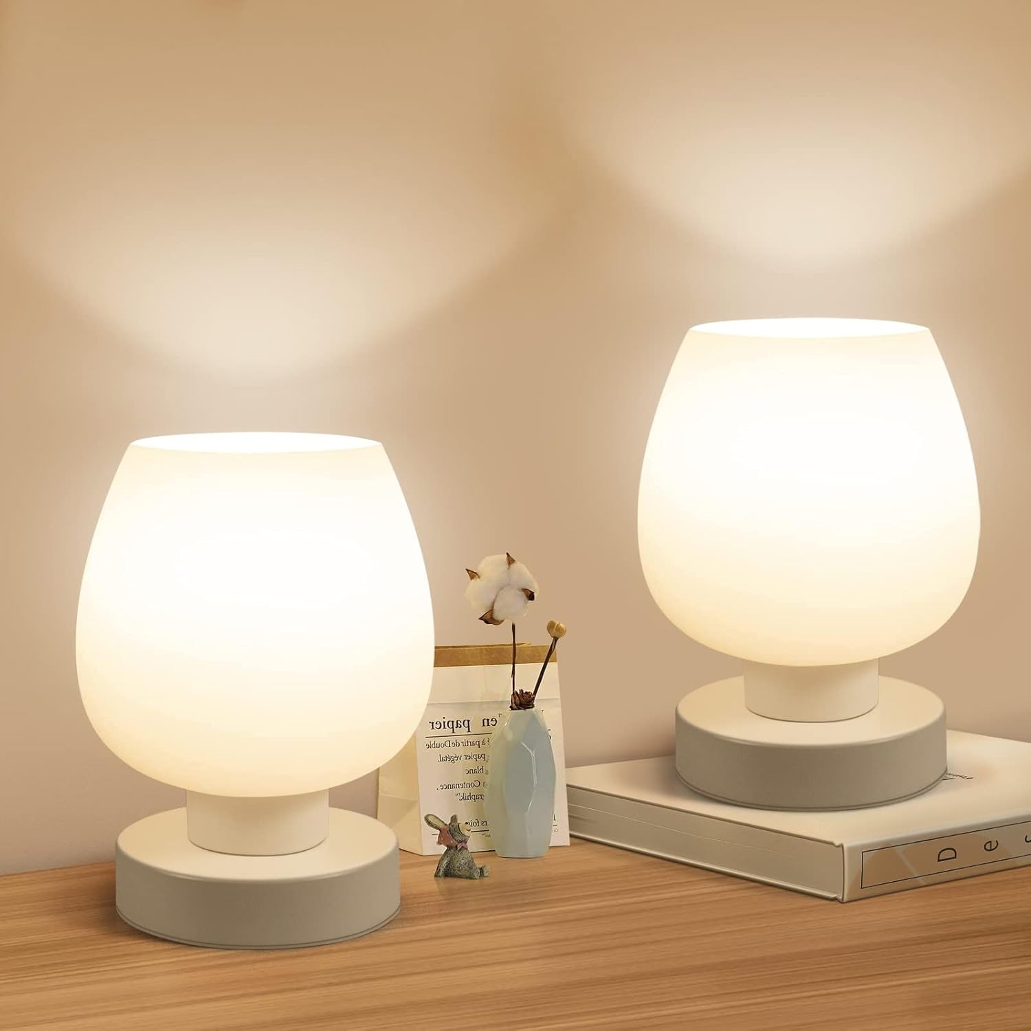 Touch Bedside Table Lamps Set of 2 - Modern Nightstand Lamps with USB C & A Ports, 3-Way Dimmable, White Opal Glass Shades, 3000K LED Bulbs - Elegant Bedroom Lighting FJORD