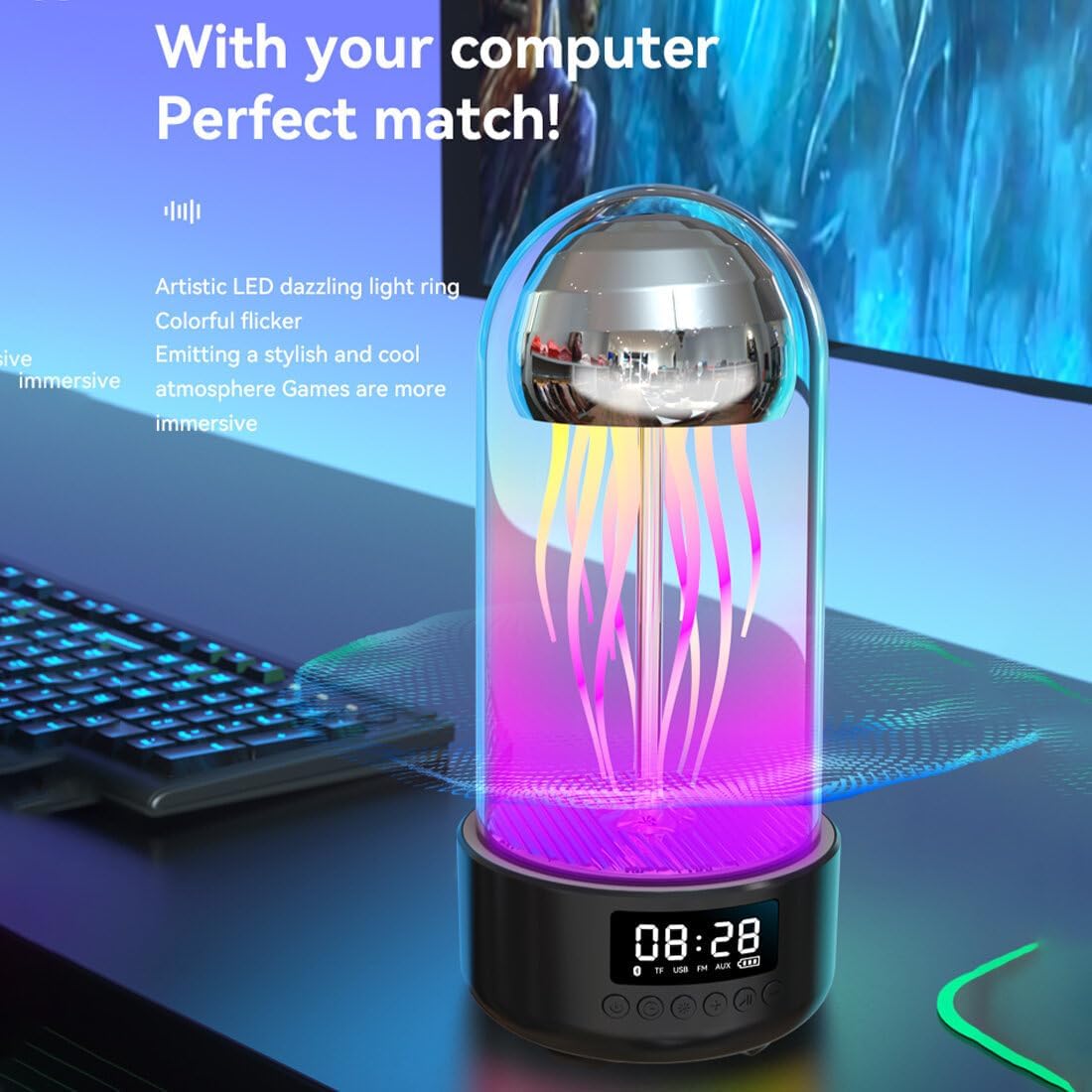 Wireless Jellyfish Mood Lamp Speaker with 7-Color LED Lights, Bluetooth 5.0, and Ambient Sound – Ideal for Home Décor and Relaxation FJORD