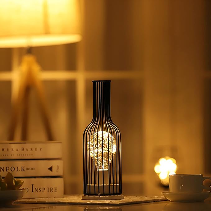 Industrial Iron Wire Cage Night Light, Battery-Powered LED Table Lamp – Modern Decorative Accent for Bedroom, Living Room, Office – Fits 3 AA Batteries (Not Included), Stylish Home Decor FJORD