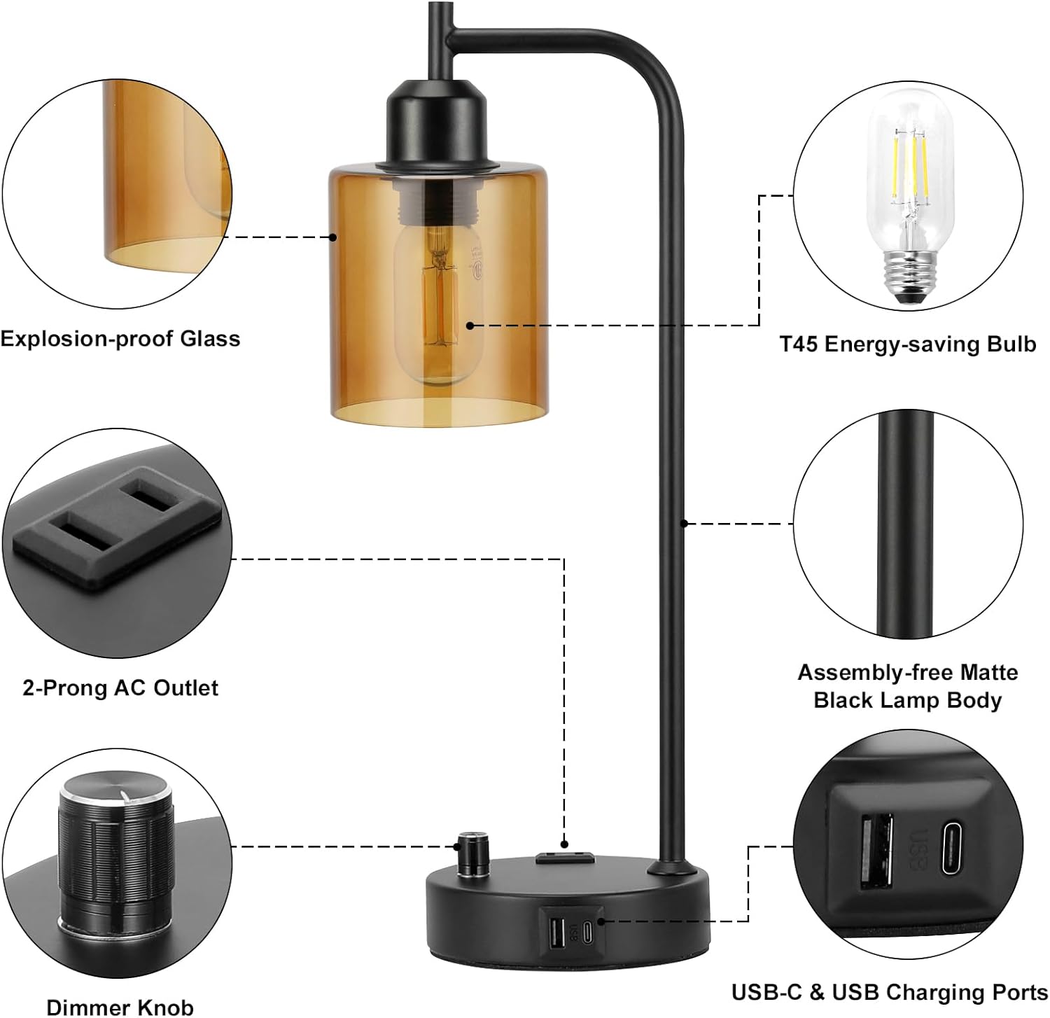Set of 2 Industrial Table Lamps - Fully Dimmable with USB A & C Ports, AC Outlet, Glass Shade, LED Bulbs Included - Modern Nightstand Desk Lamps for Bedroom, Living Room & Office FJORD