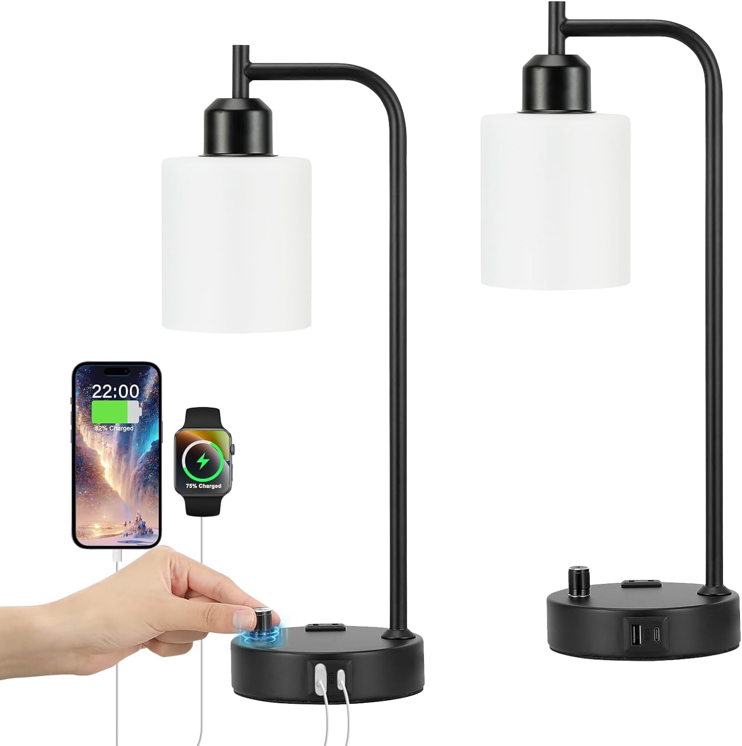 Set of 2 Industrial Table Lamps - Fully Dimmable with USB A & C Ports, AC Outlet, Glass Shade, LED Bulbs Included - Modern Nightstand Desk Lamps for Bedroom, Living Room & Office FJORD