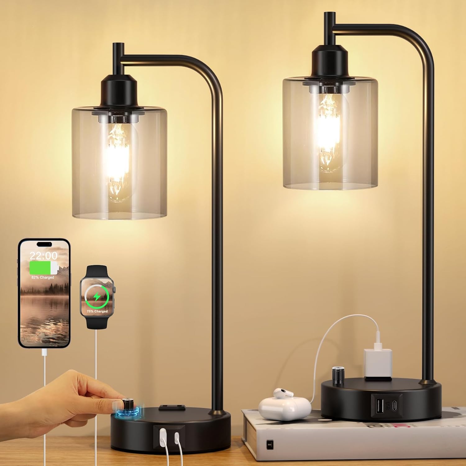 Set of 2 Industrial Table Lamps - Fully Dimmable with USB A & C Ports, AC Outlet, Glass Shade, LED Bulbs Included - Modern Nightstand Desk Lamps for Bedroom, Living Room & Office FJORD