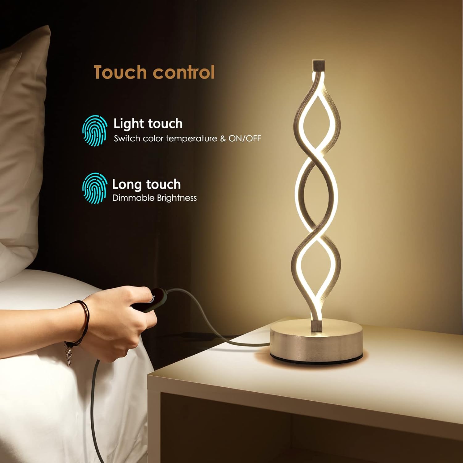 Modern Spiral LED Table Lamp | Touch Control, Dimmable | 3-Color Modes | Bedroom, Office, Living Room Decor FJORD