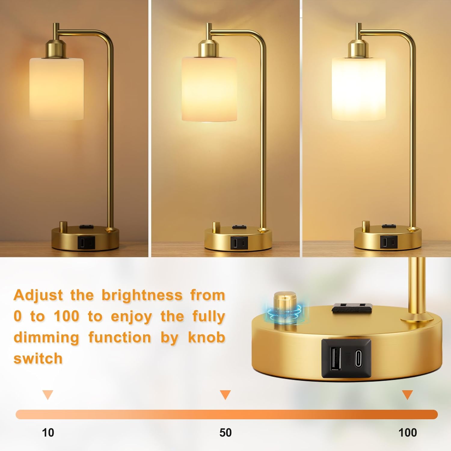 Set of 2 Industrial Table Lamps - Fully Dimmable with USB A & C Ports, AC Outlet, Glass Shade, LED Bulbs Included - Modern Nightstand Desk Lamps for Bedroom, Living Room & Office FJORD