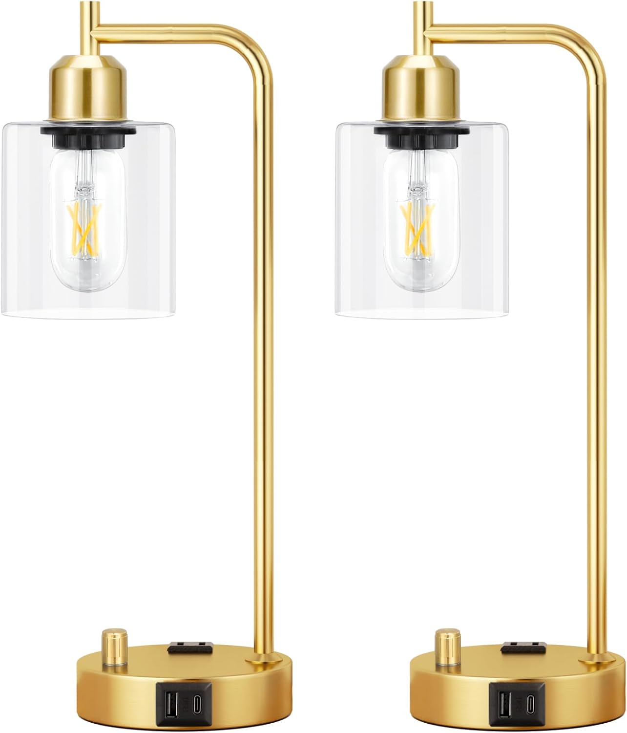 Set of 2 Industrial Table Lamps - Fully Dimmable with USB A & C Ports, AC Outlet, Glass Shade, LED Bulbs Included - Modern Nightstand Desk Lamps for Bedroom, Living Room & Office FJORD