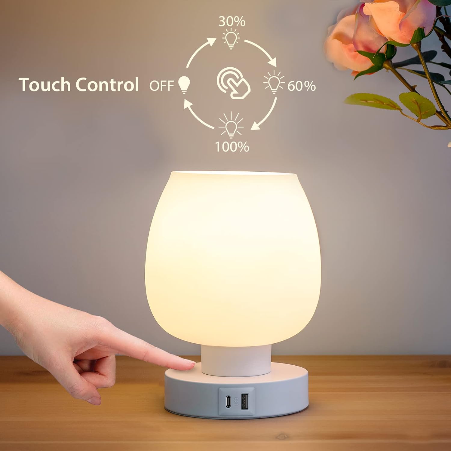 Touch Bedside Table Lamps Set of 2 - Modern Nightstand Lamps with USB C & A Ports, 3-Way Dimmable, White Opal Glass Shades, 3000K LED Bulbs - Elegant Bedroom Lighting FJORD
