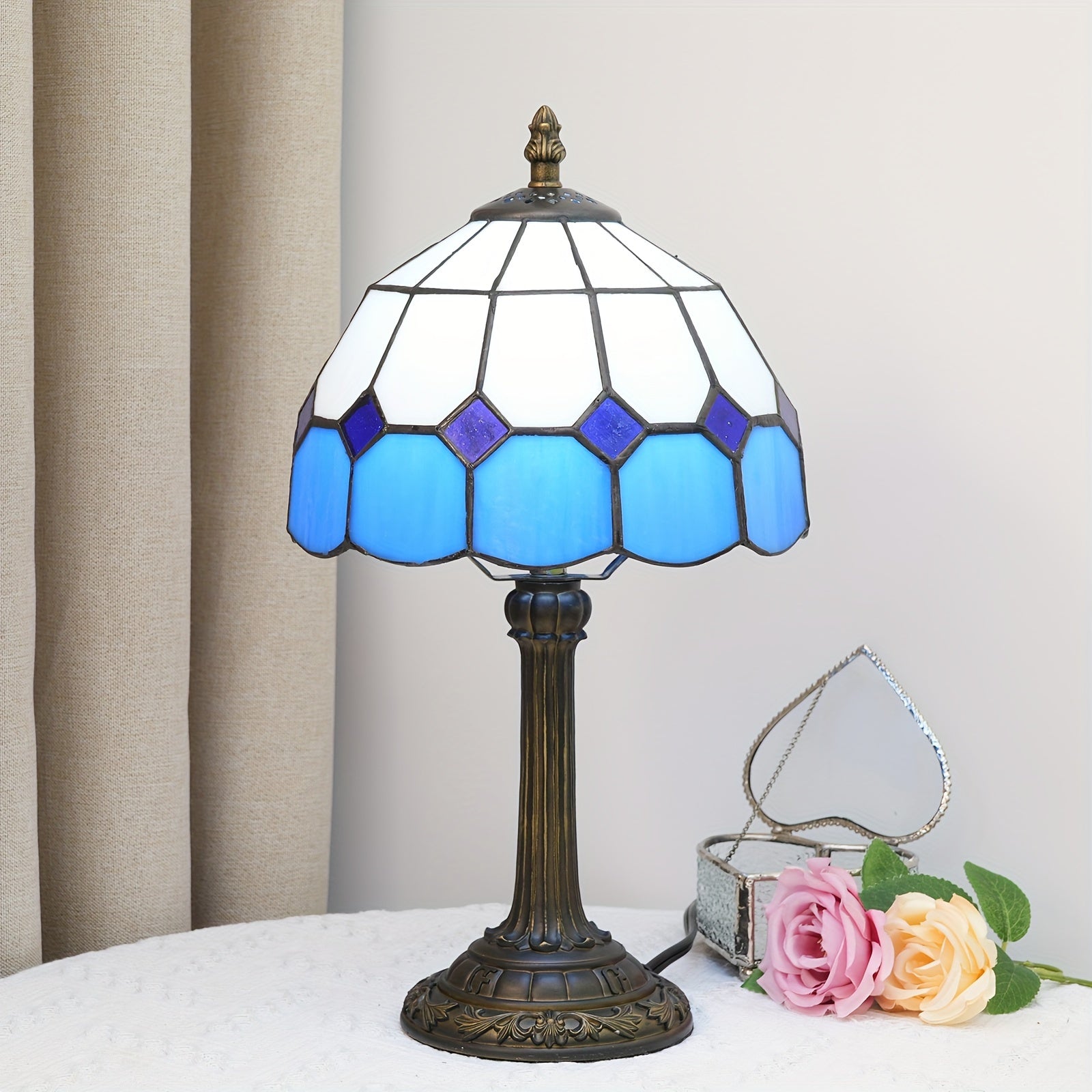 Vintage Art Deco Stained Glass Table Lamp - 8-inch, Antique Metal Base, Push Button Control, Animal Theme - Ideal for Bedroom, Living Room, Office, Creative Gift FJORD