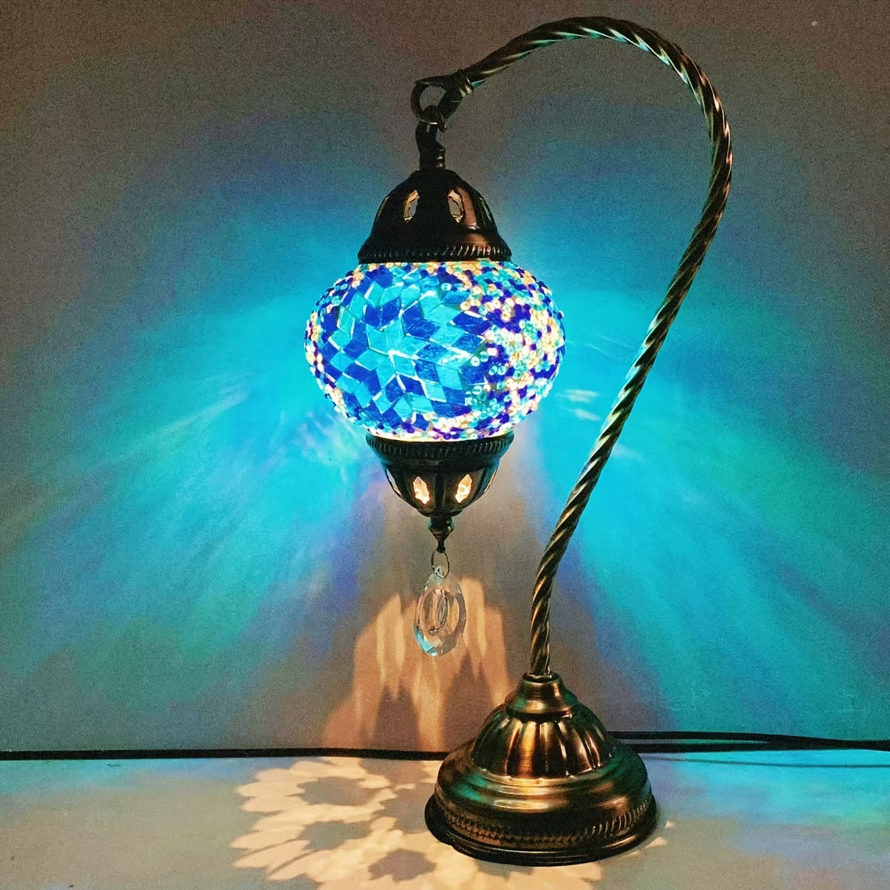 Charming Blue Glass USB Table Lamp - Turkish Mosaic Design for Bedroom, Living Room & Study Decor