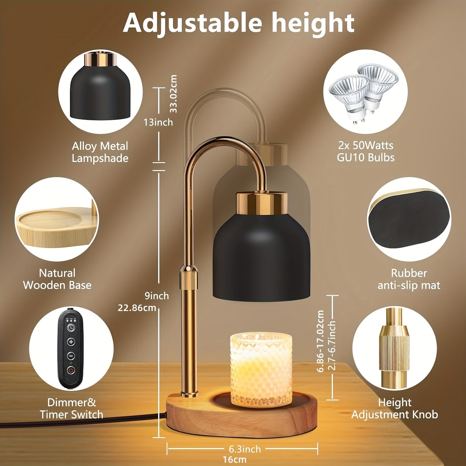 Adjustable Height Dimmable Candle Warmer Lamp with Timer & 2 Bulbs – Compatible with Large Jar Candles – Flameless Scented Wax Melter for Home Décor & Relaxation – Ideal Gift for Mother's Day