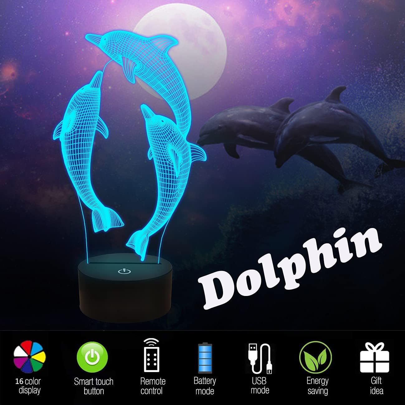 3D Dolphin Night Light with Remote | 16 Color Changing Kids Lamp | Ocean Animal Table Lamp | USB/Battery Powered | Perfect for Bedroom, Living Room, Gifts