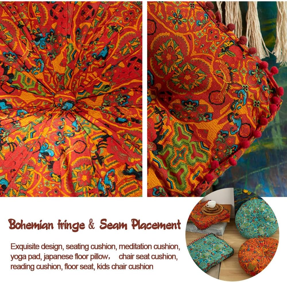 Boho Square Floor Cushion with Pompoms – Thick Polyester Seat Pad, Versatile Chair Cushion for Yoga, Meditation, Living Room, & Garden Seating