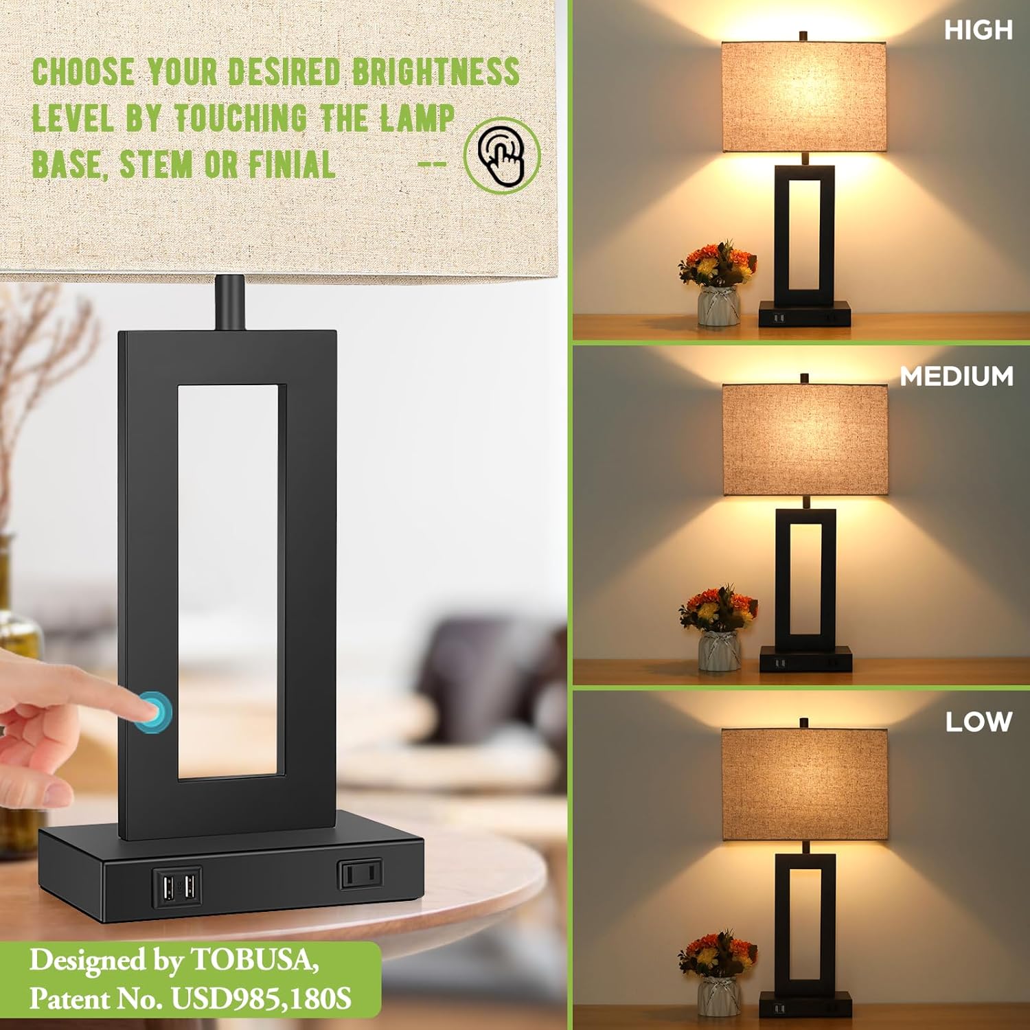 Set of 2 Touch Control Table Lamps with USB Ports – 3-Way Dimmable Bedside Lamps, Modern Nightstand Lamps for Bedroom & Living Room, Cream Fabric Shades, LED Bulbs Included FJORD