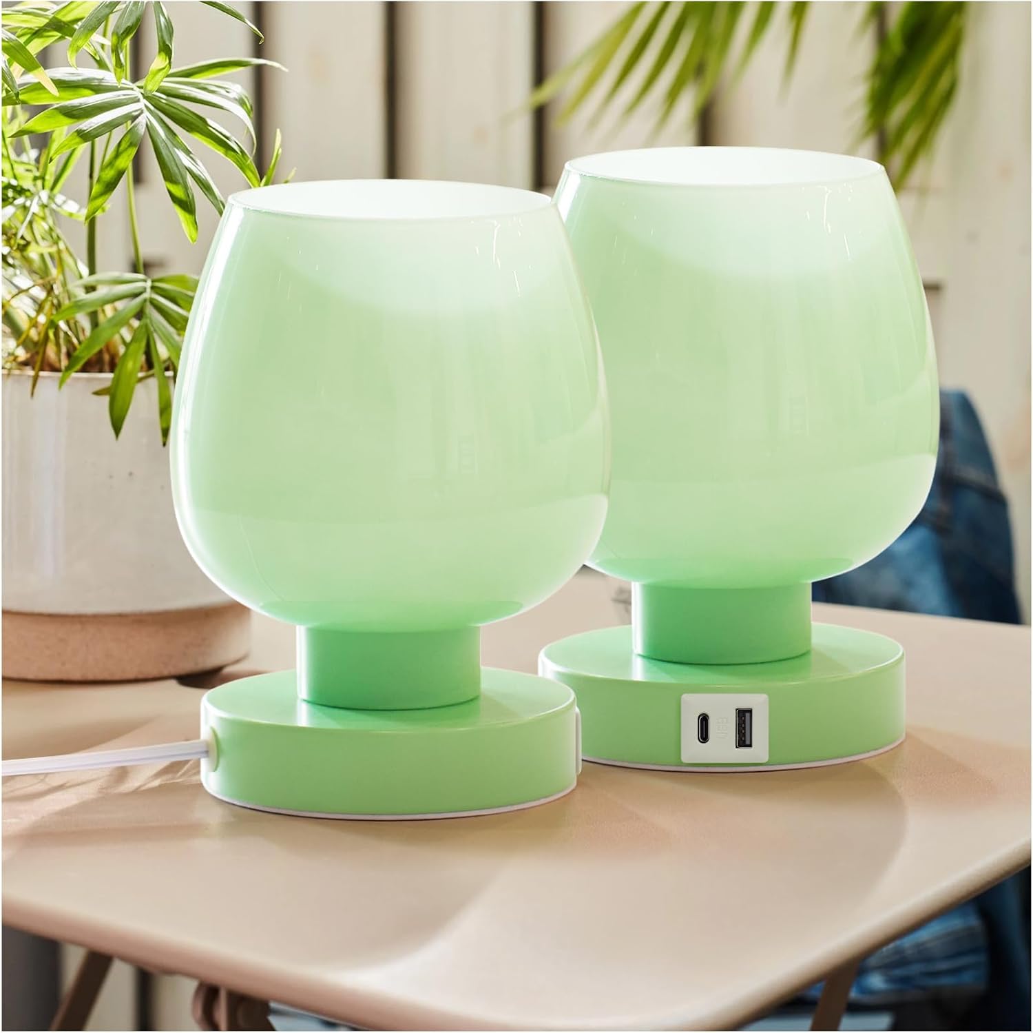 Touch Bedside Table Lamps Set of 2 - Modern Nightstand Lamps with USB C & A Ports, 3-Way Dimmable, White Opal Glass Shades, 3000K LED Bulbs - Elegant Bedroom Lighting FJORD