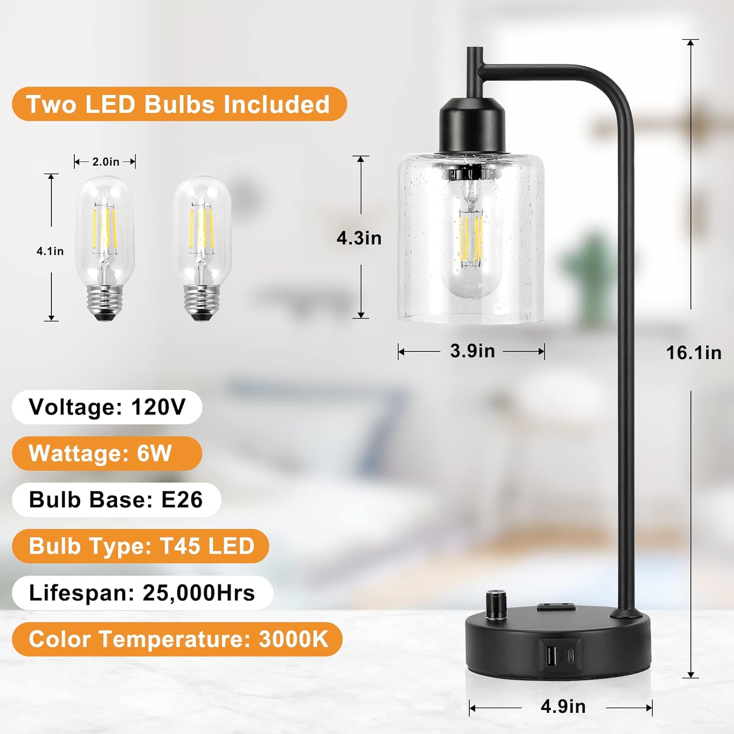 Set of 2 Industrial Table Lamps - Fully Dimmable with USB A & C Ports, AC Outlet, Glass Shade, LED Bulbs Included - Modern Nightstand Desk Lamps for Bedroom, Living Room & Office FJORD