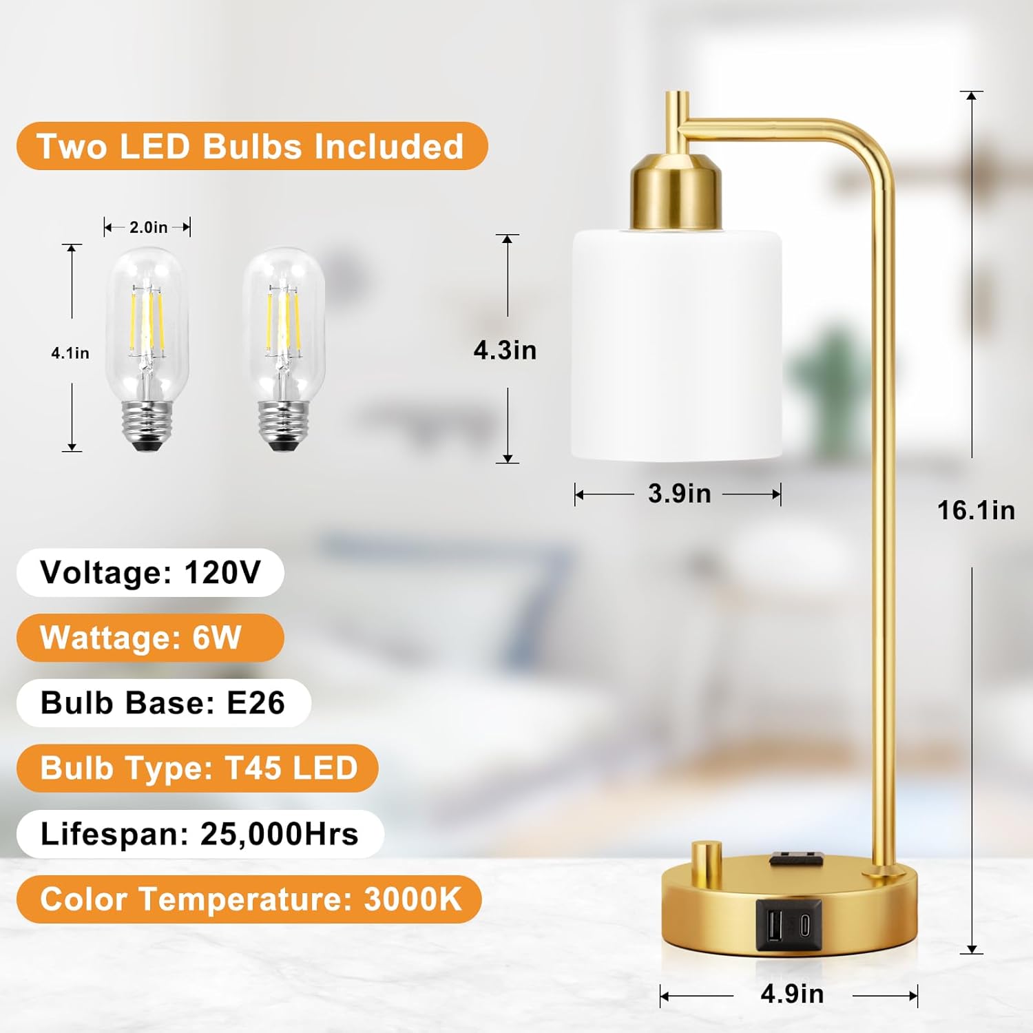 Set of 2 Industrial Table Lamps - Fully Dimmable with USB A & C Ports, AC Outlet, Glass Shade, LED Bulbs Included - Modern Nightstand Desk Lamps for Bedroom, Living Room & Office FJORD