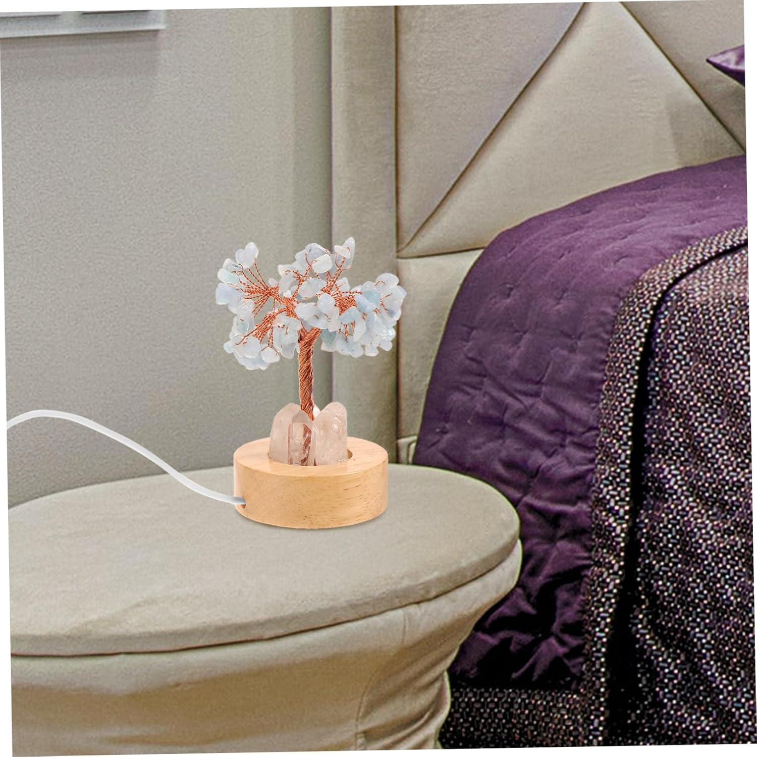 Crystal Tree Night Light – Feng Shui Prosperity Lamp with USB Port, Natural Gemstone Base, Clear Quartz Chakra Tree, Bedroom & Desk Decor FJORD