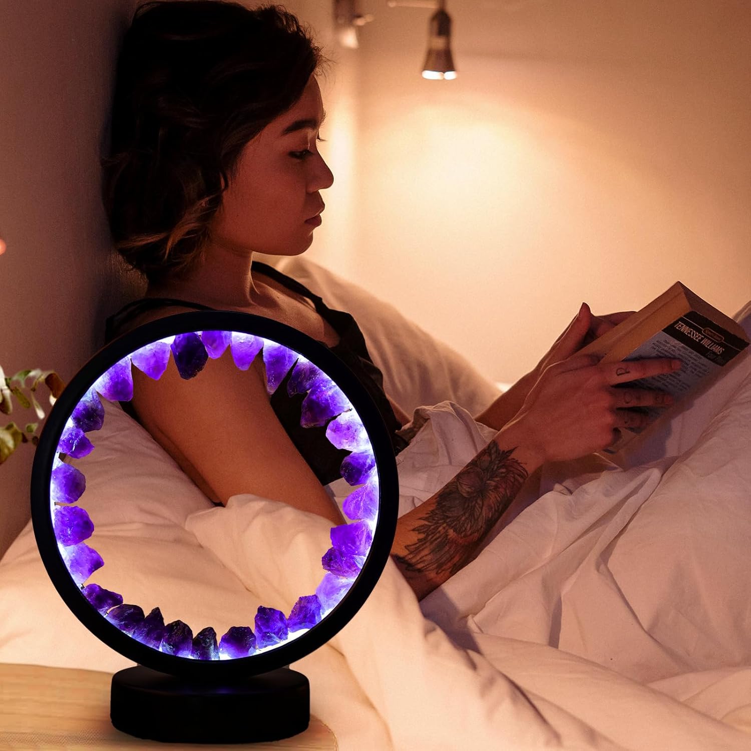 Amethyst Crystal Table Lamp - Natural Healing Night Light with USB Port & 3 Color Modes - Perfect for Bedroom, Office & Home Decor - Relaxation Gift