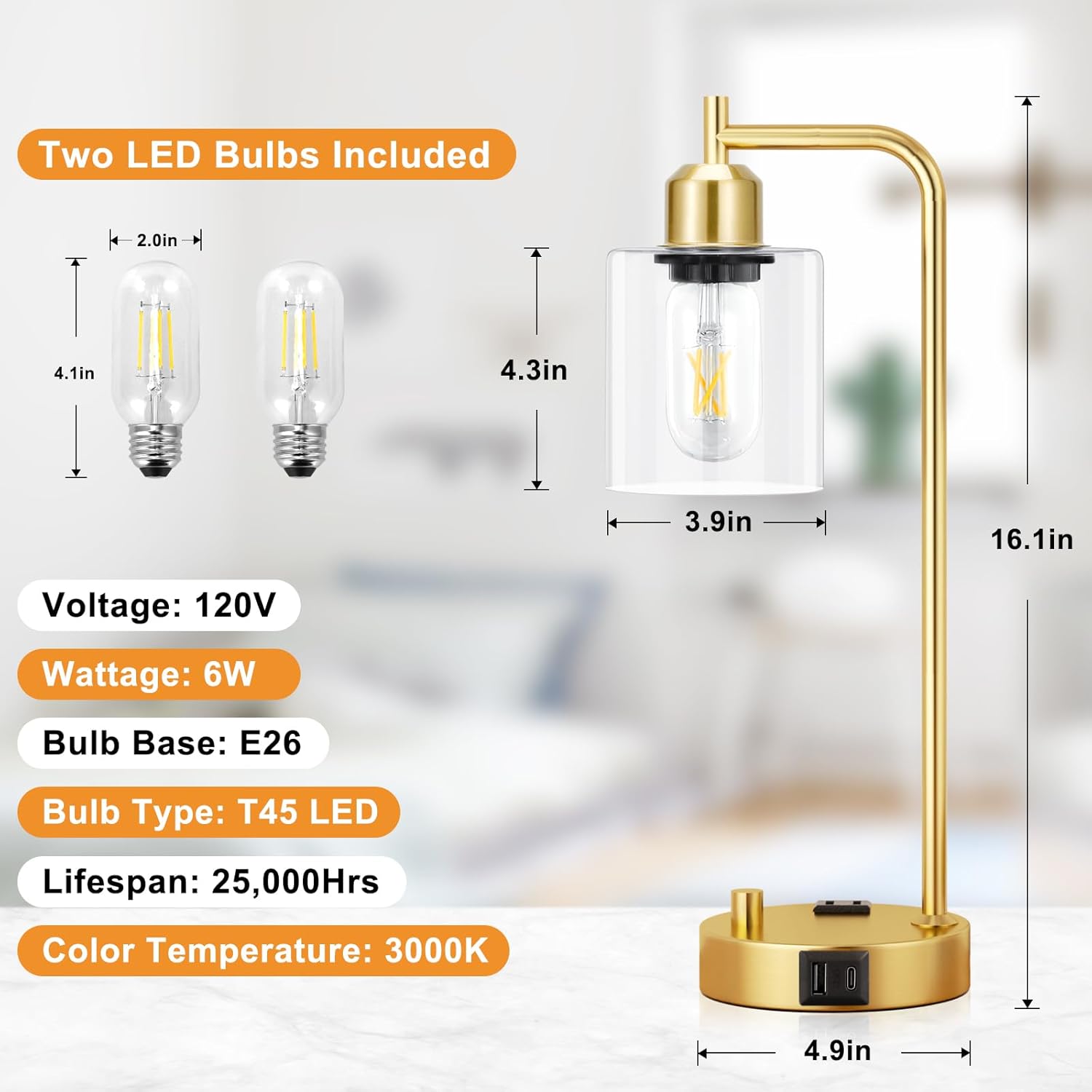 Set of 2 Industrial Table Lamps - Fully Dimmable with USB A & C Ports, AC Outlet, Glass Shade, LED Bulbs Included - Modern Nightstand Desk Lamps for Bedroom, Living Room & Office FJORD