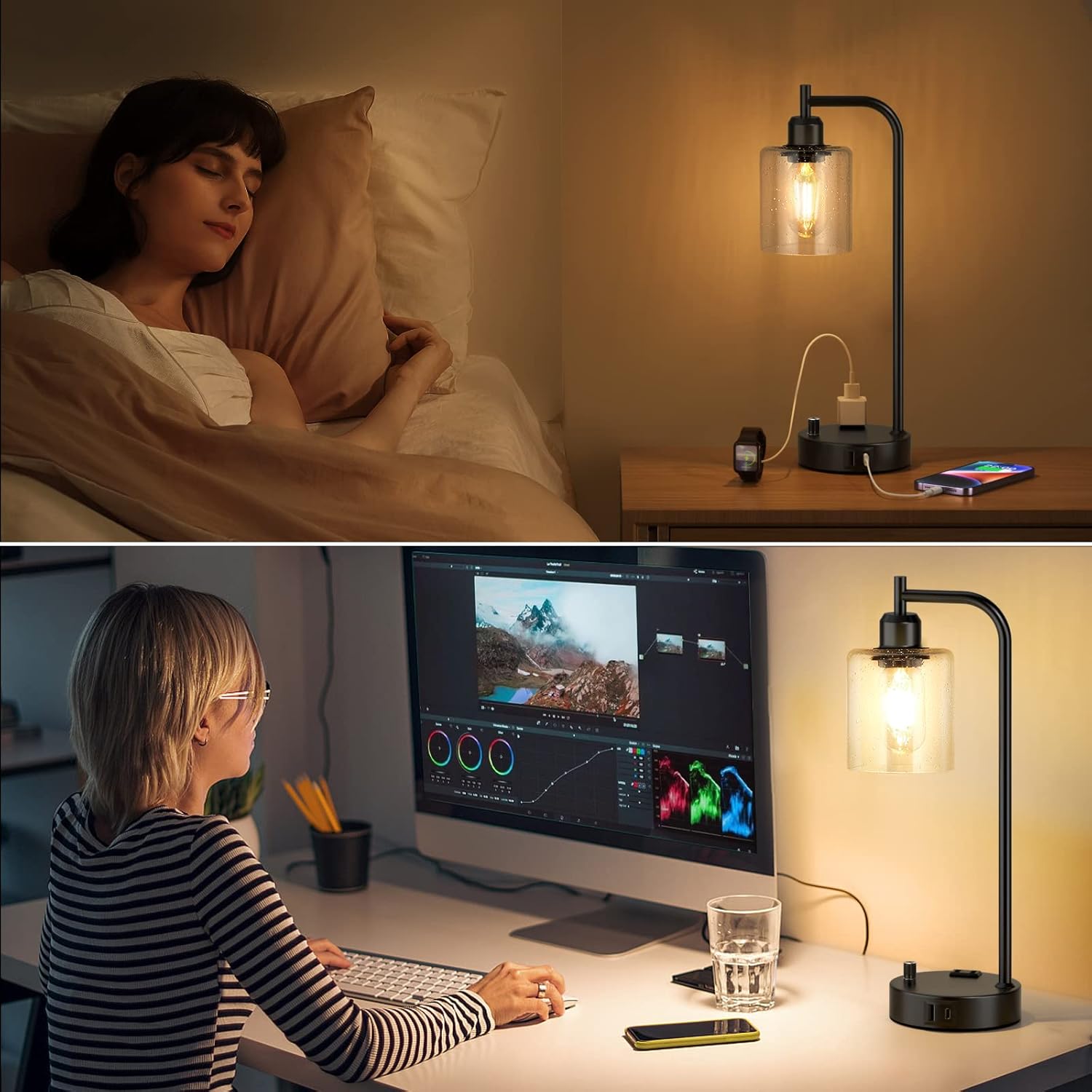 Set of 2 Industrial Table Lamps - Fully Dimmable with USB A & C Ports, AC Outlet, Glass Shade, LED Bulbs Included - Modern Nightstand Desk Lamps for Bedroom, Living Room & Office FJORD