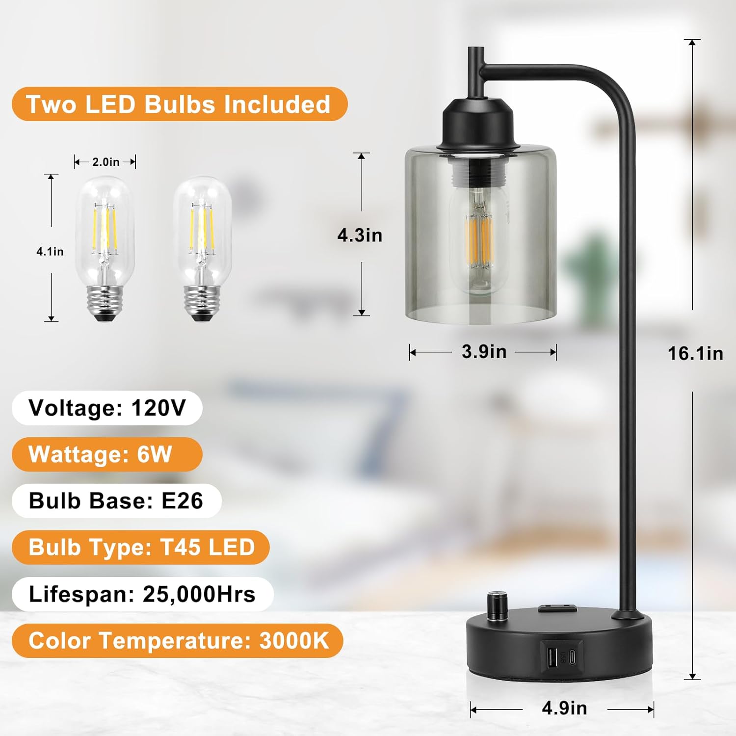 Set of 2 Industrial Table Lamps - Fully Dimmable with USB A & C Ports, AC Outlet, Glass Shade, LED Bulbs Included - Modern Nightstand Desk Lamps for Bedroom, Living Room & Office FJORD
