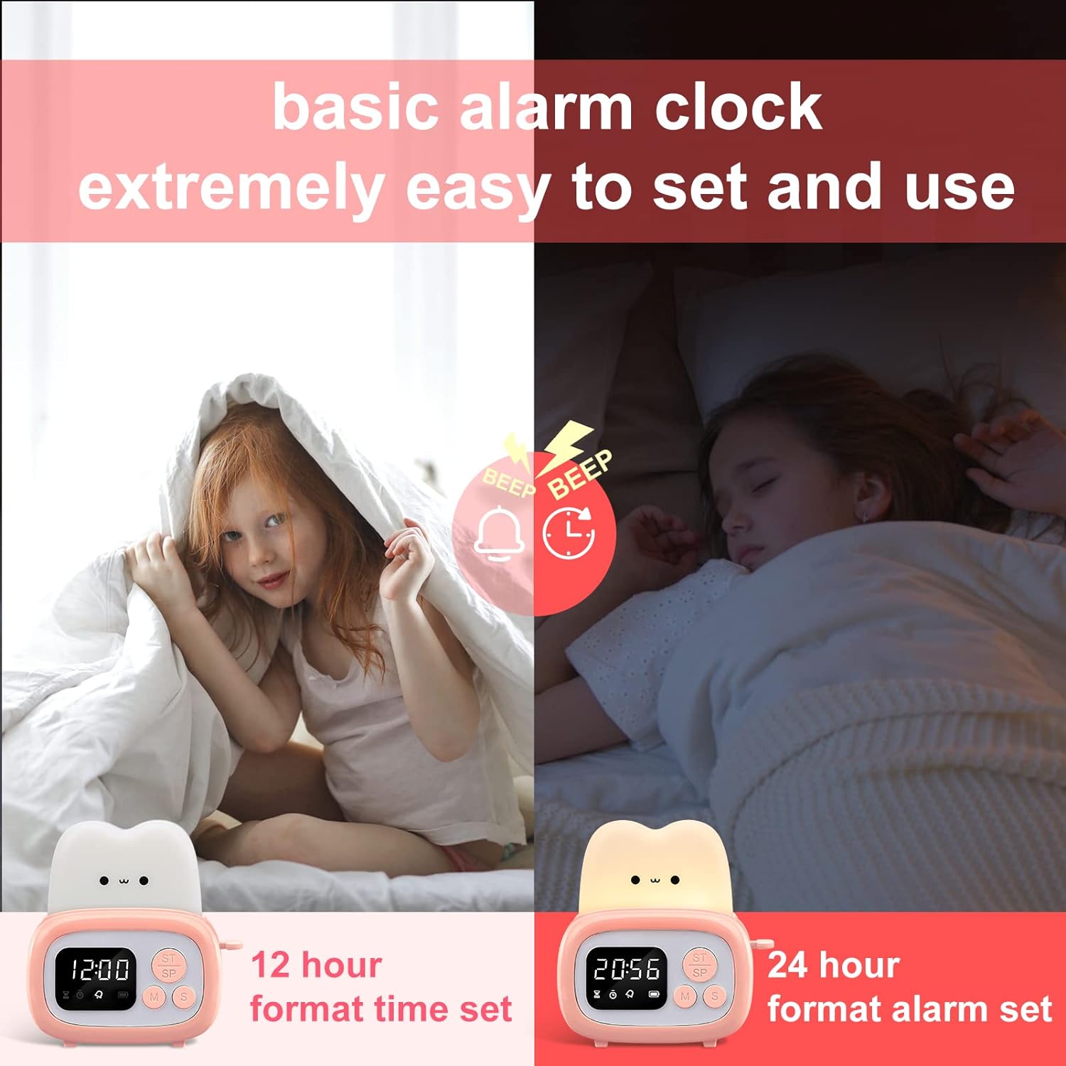 Adjustable LED Bedside Alarm Clock with Night Light, USB Rechargeable, 1200mAh Battery, Button Control, Plastic Shade – Ideal for Bedroom Tabletop Use