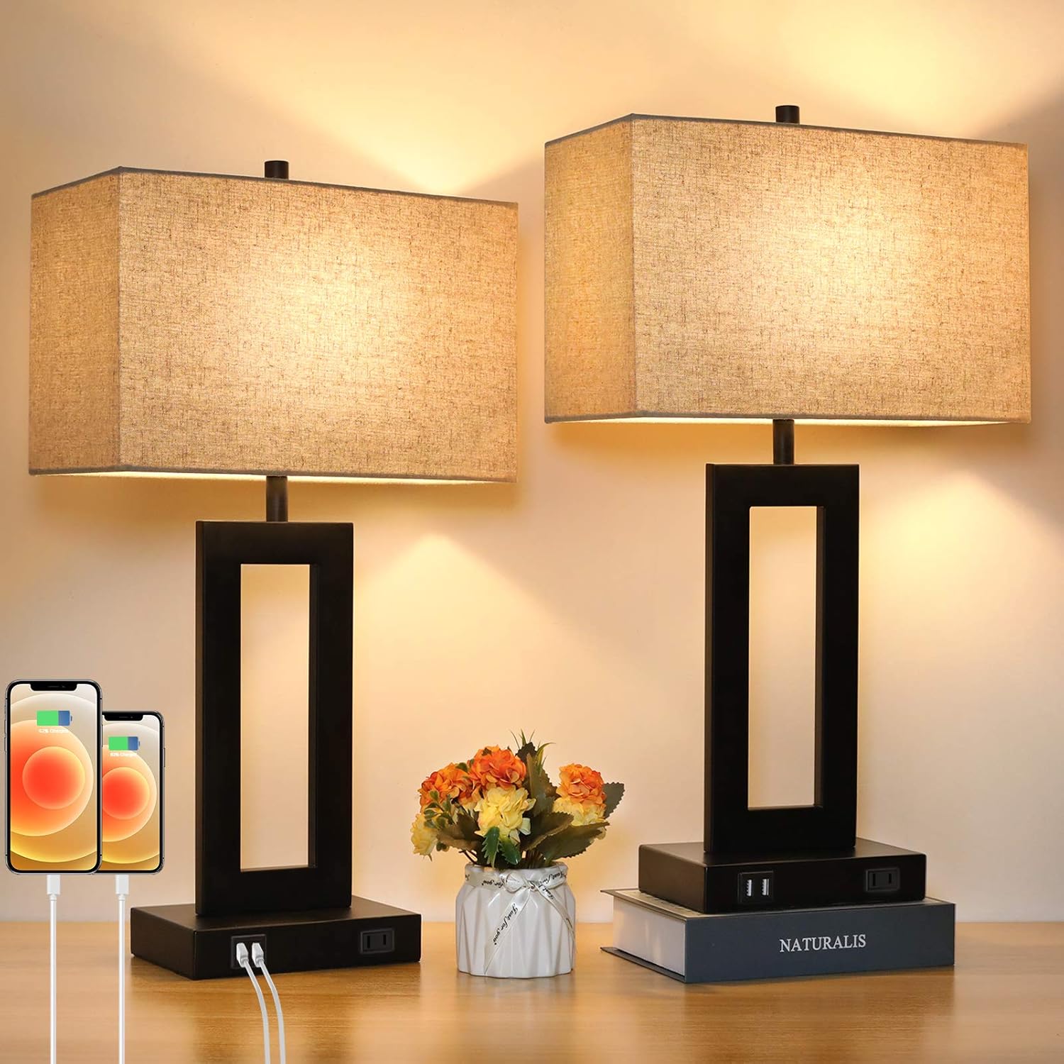 Set of 2 Touch Control Table Lamps with USB Ports – 3-Way Dimmable Bedside Lamps, Modern Nightstand Lamps for Bedroom & Living Room, Cream Fabric Shades, LED Bulbs Included FJORD