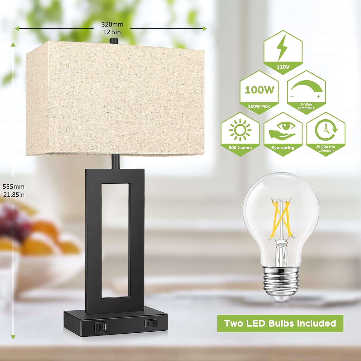 Set of 2 Touch Control Table Lamps with USB Ports – 3-Way Dimmable Bedside Lamps, Modern Nightstand Lamps for Bedroom & Living Room, Cream Fabric Shades, LED Bulbs Included FJORD