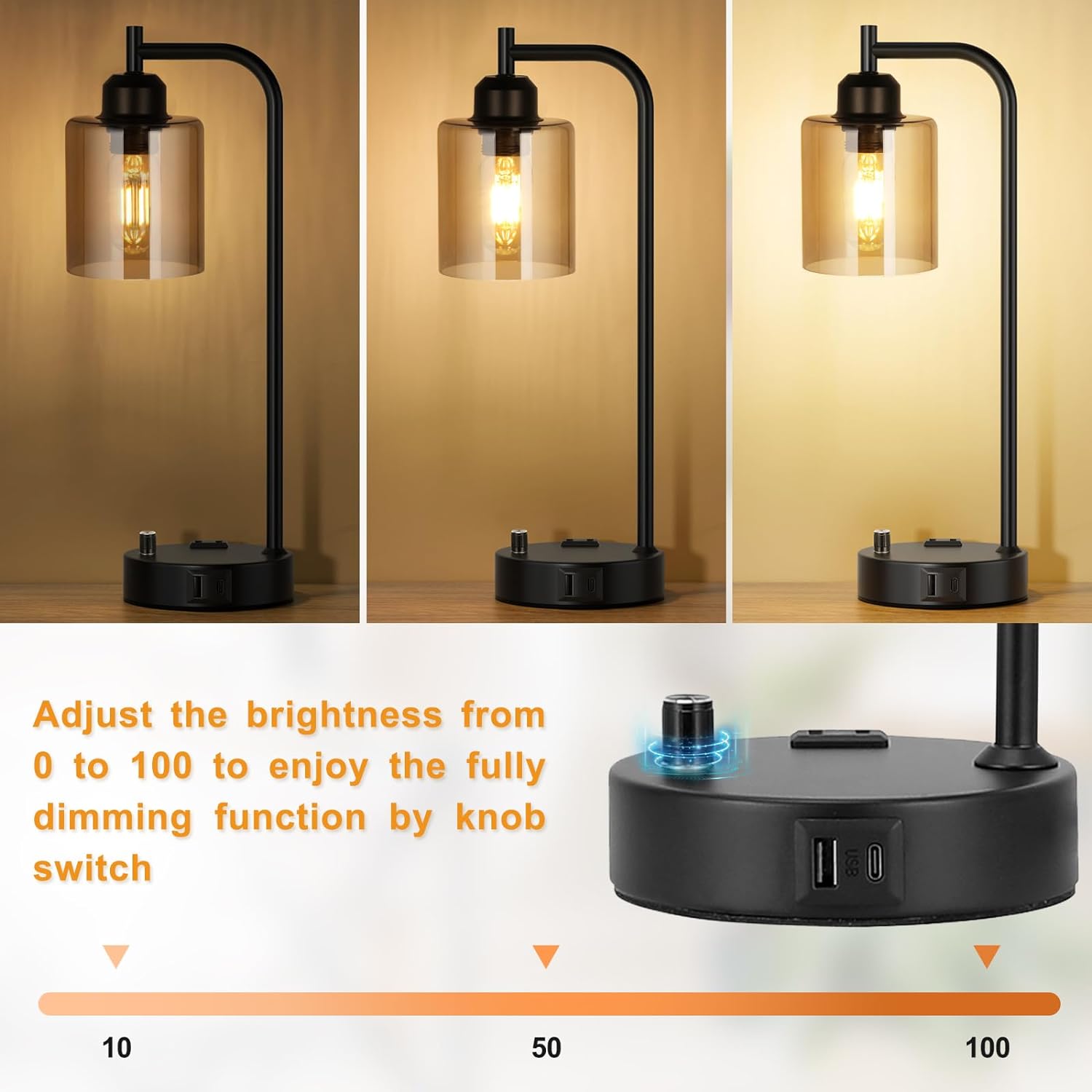 Set of 2 Industrial Table Lamps - Fully Dimmable with USB A & C Ports, AC Outlet, Glass Shade, LED Bulbs Included - Modern Nightstand Desk Lamps for Bedroom, Living Room & Office FJORD