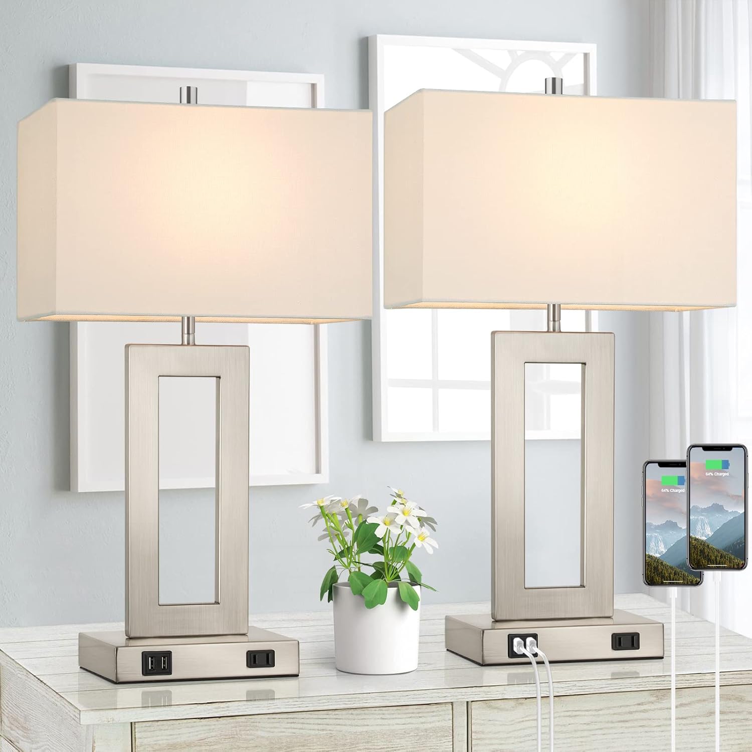 Set of 2 Touch Control Table Lamps with USB Ports – 3-Way Dimmable Bedside Lamps, Modern Nightstand Lamps for Bedroom & Living Room, Cream Fabric Shades, LED Bulbs Included FJORD