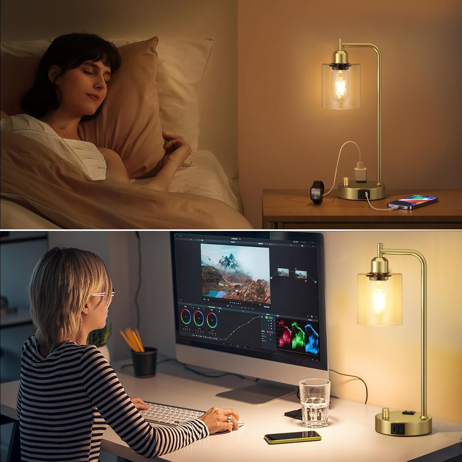 Set of 2 Industrial Table Lamps - Fully Dimmable with USB A & C Ports, AC Outlet, Glass Shade, LED Bulbs Included - Modern Nightstand Desk Lamps for Bedroom, Living Room & Office FJORD