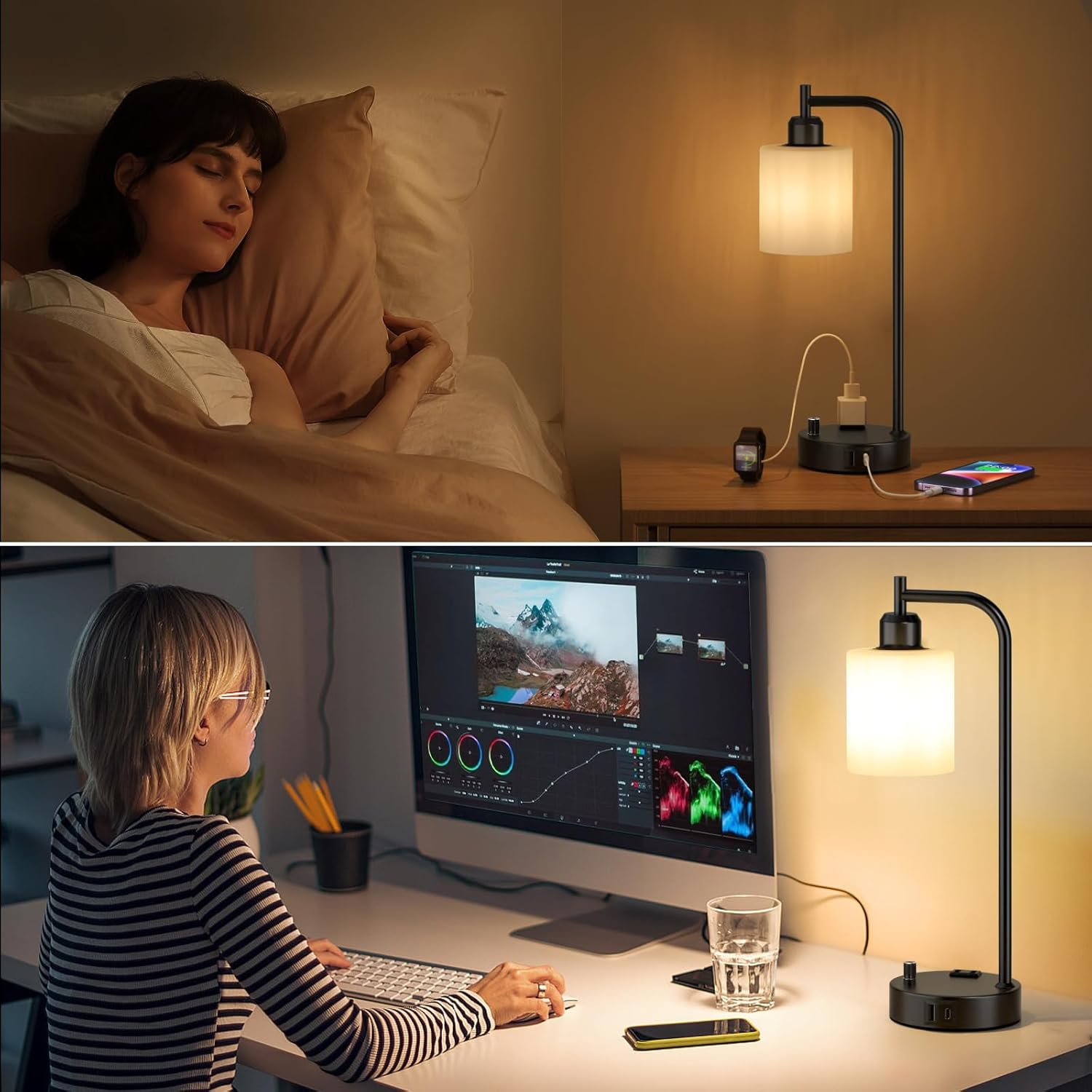 Set of 2 Industrial Table Lamps - Fully Dimmable with USB A & C Ports, AC Outlet, Glass Shade, LED Bulbs Included - Modern Nightstand Desk Lamps for Bedroom, Living Room & Office FJORD