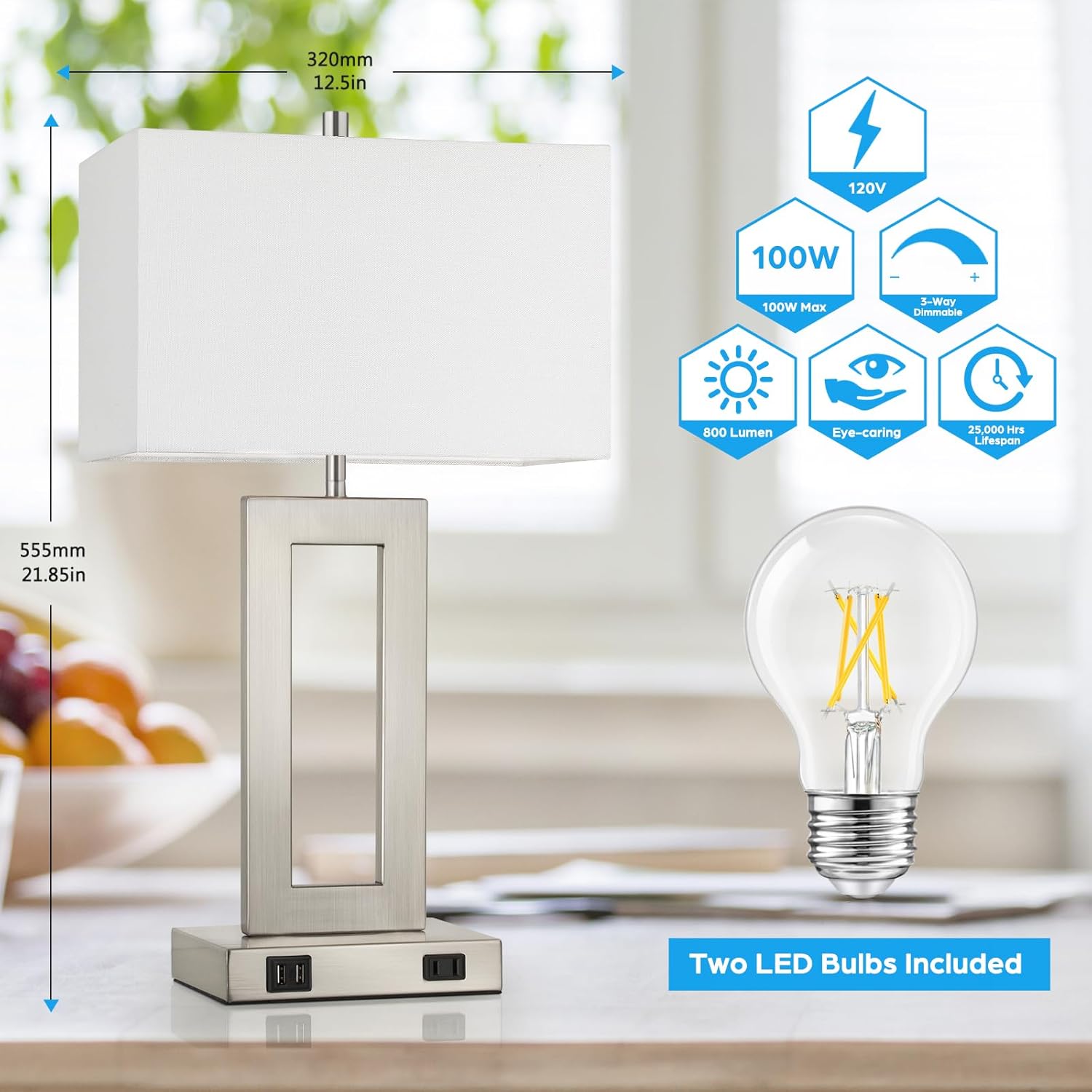 Set of 2 Touch Control Table Lamps with USB Ports – 3-Way Dimmable Bedside Lamps, Modern Nightstand Lamps for Bedroom & Living Room, Cream Fabric Shades, LED Bulbs Included FJORD