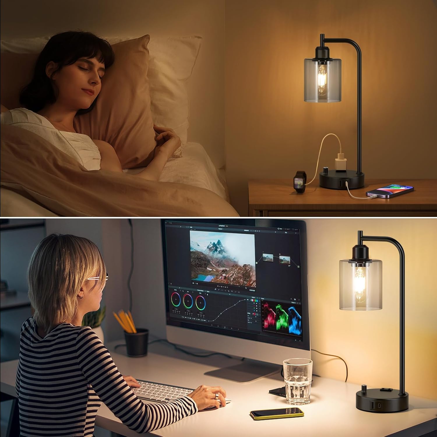 Set of 2 Industrial Table Lamps - Fully Dimmable with USB A & C Ports, AC Outlet, Glass Shade, LED Bulbs Included - Modern Nightstand Desk Lamps for Bedroom, Living Room & Office FJORD