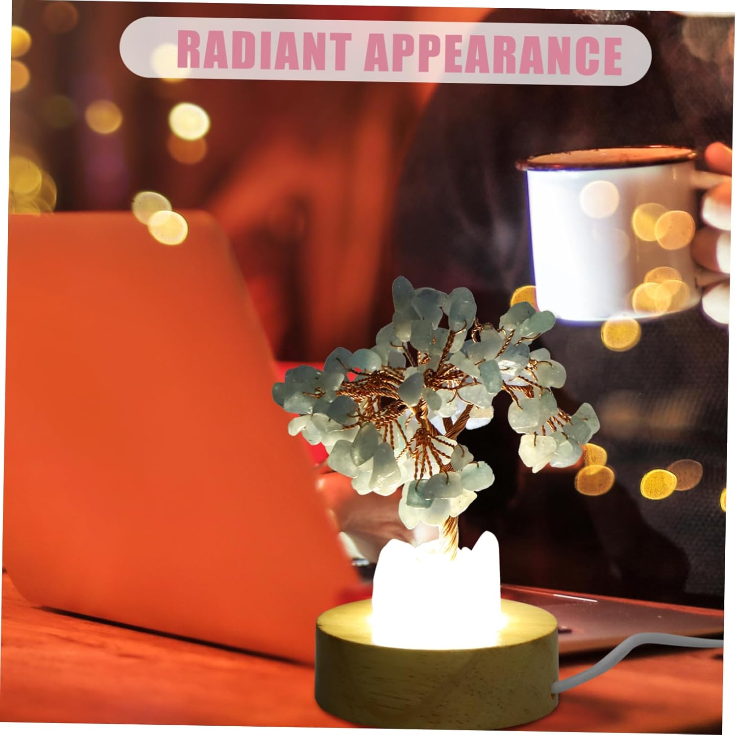 Crystal Tree Night Light – Feng Shui Prosperity Lamp with USB Port, Natural Gemstone Base, Clear Quartz Chakra Tree, Bedroom & Desk Decor FJORD