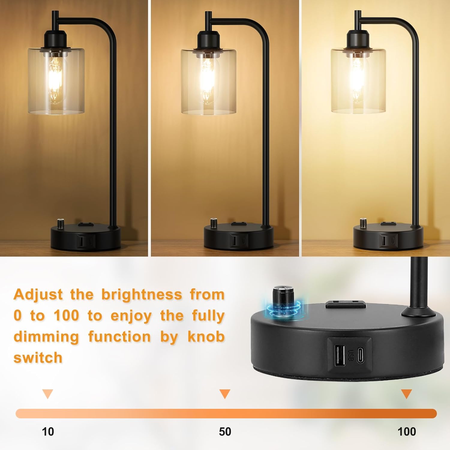 Set of 2 Industrial Table Lamps - Fully Dimmable with USB A & C Ports, AC Outlet, Glass Shade, LED Bulbs Included - Modern Nightstand Desk Lamps for Bedroom, Living Room & Office FJORD