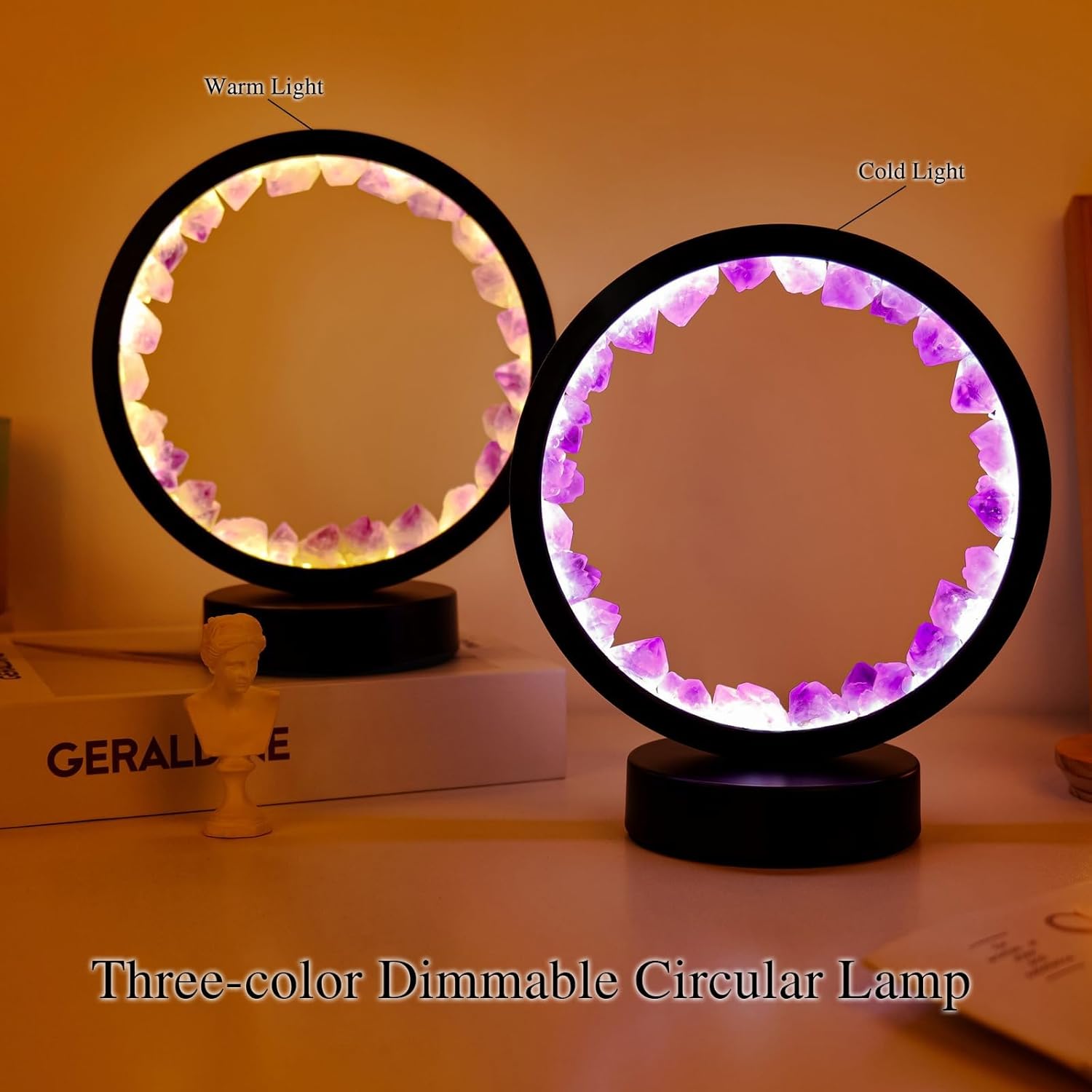 Amethyst Crystal Table Lamp - Natural Healing Night Light with USB Port & 3 Color Modes - Perfect for Bedroom, Office & Home Decor - Relaxation Gift