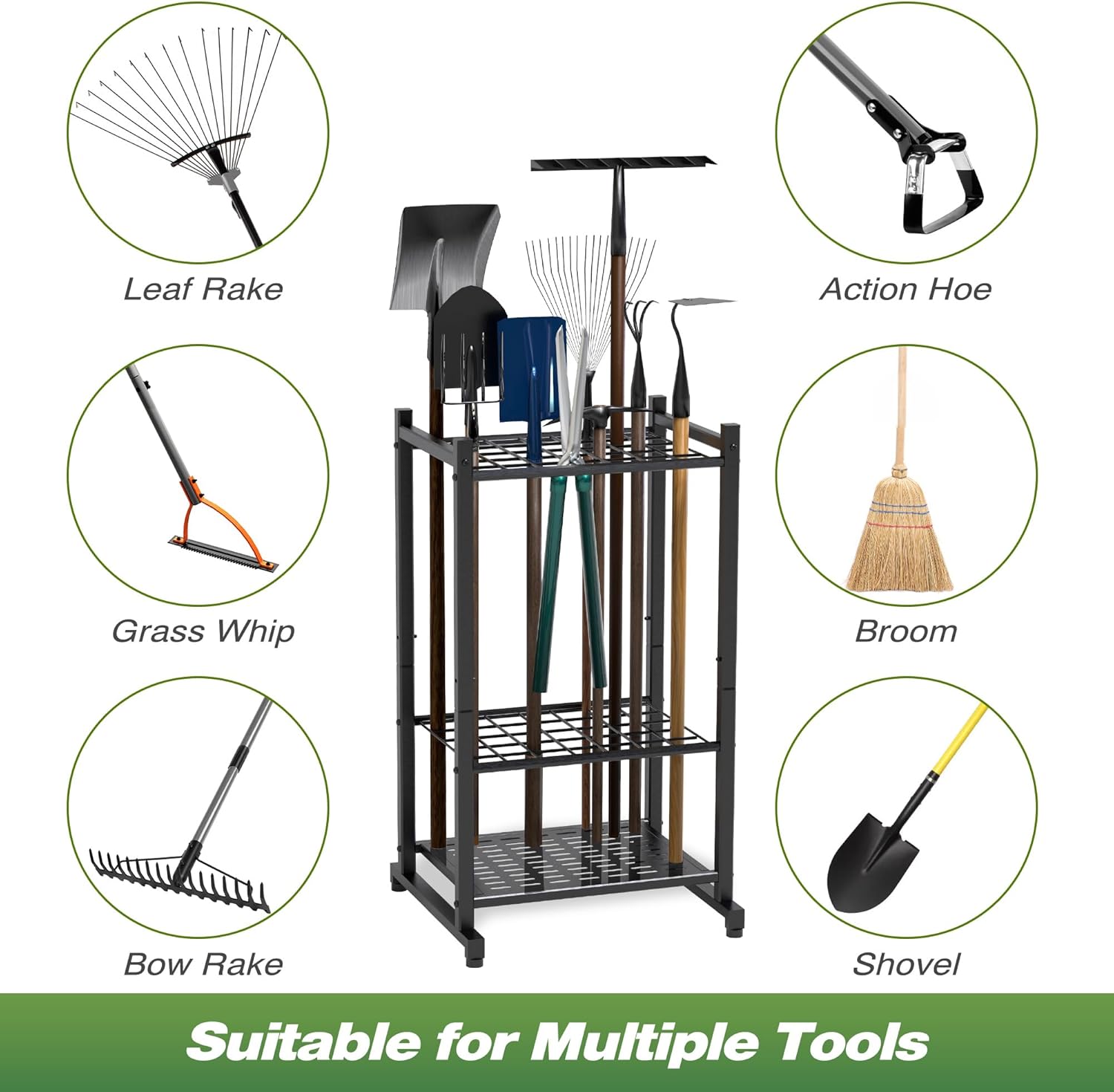 Heavy Duty Mop and Broom Holder, Wall Mount Tool Rack with 4 Racks & 5 Hooks, Stainless Steel Storage Organizer for Home, Kitchen, Garage, Laundry, Garden FJORD