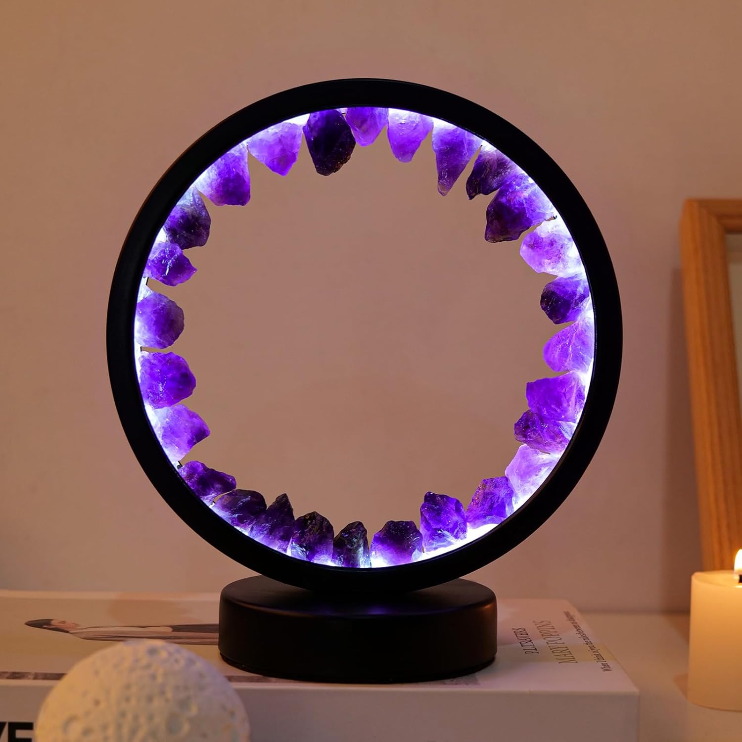 Amethyst Crystal Table Lamp - Natural Healing Night Light with USB Port & 3 Color Modes - Perfect for Bedroom, Office & Home Decor - Relaxation Gift