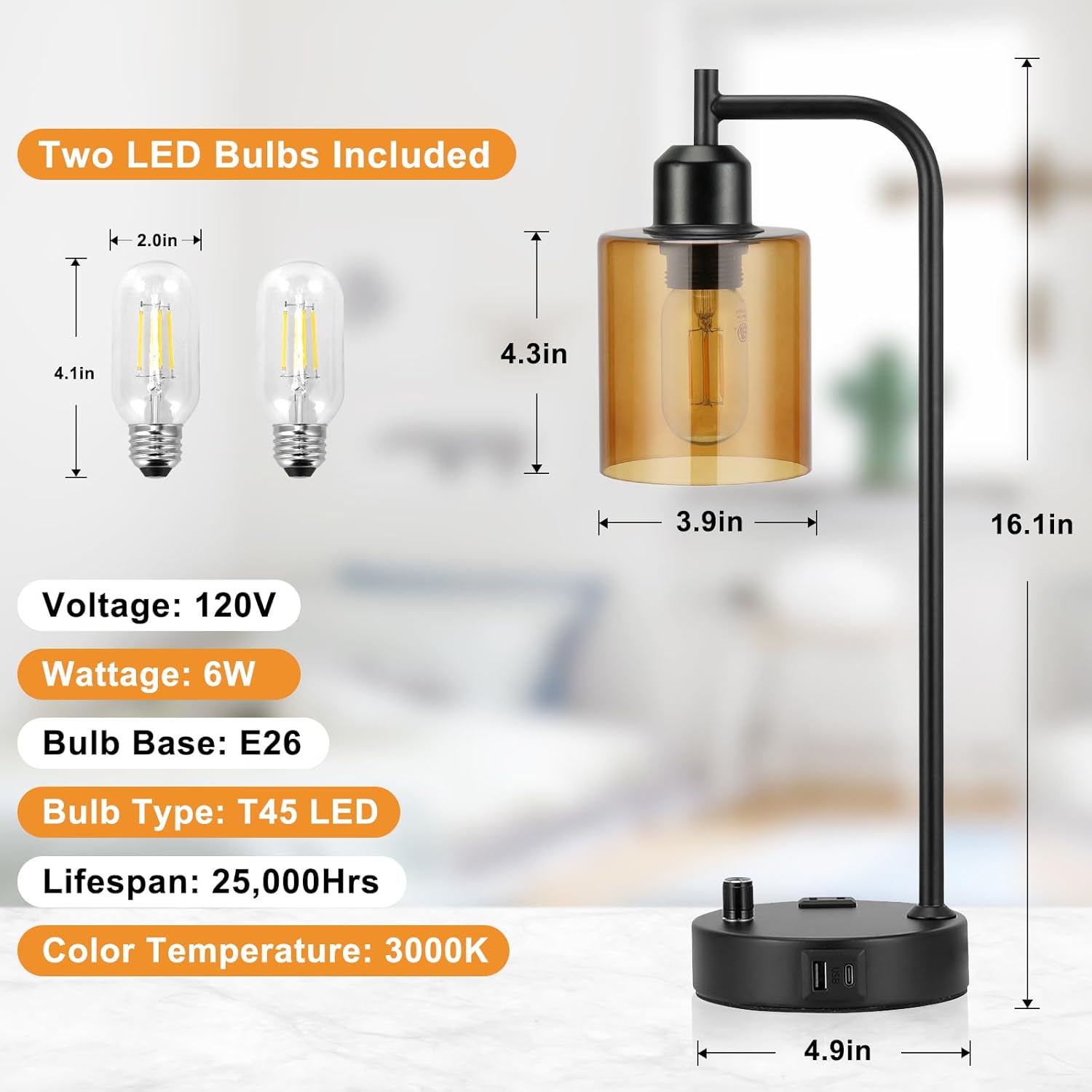 Set of 2 Industrial Table Lamps - Fully Dimmable with USB A & C Ports, AC Outlet, Glass Shade, LED Bulbs Included - Modern Nightstand Desk Lamps for Bedroom, Living Room & Office FJORD