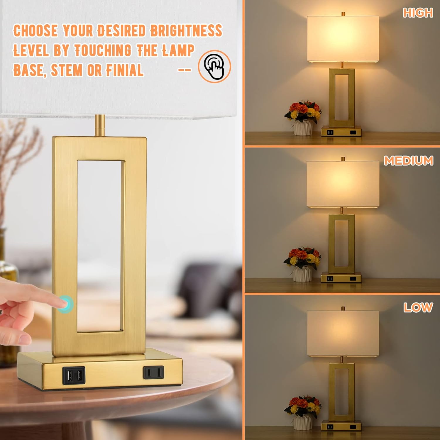 Set of 2 Touch Control Table Lamps with USB Ports – 3-Way Dimmable Bedside Lamps, Modern Nightstand Lamps for Bedroom & Living Room, Cream Fabric Shades, LED Bulbs Included FJORD