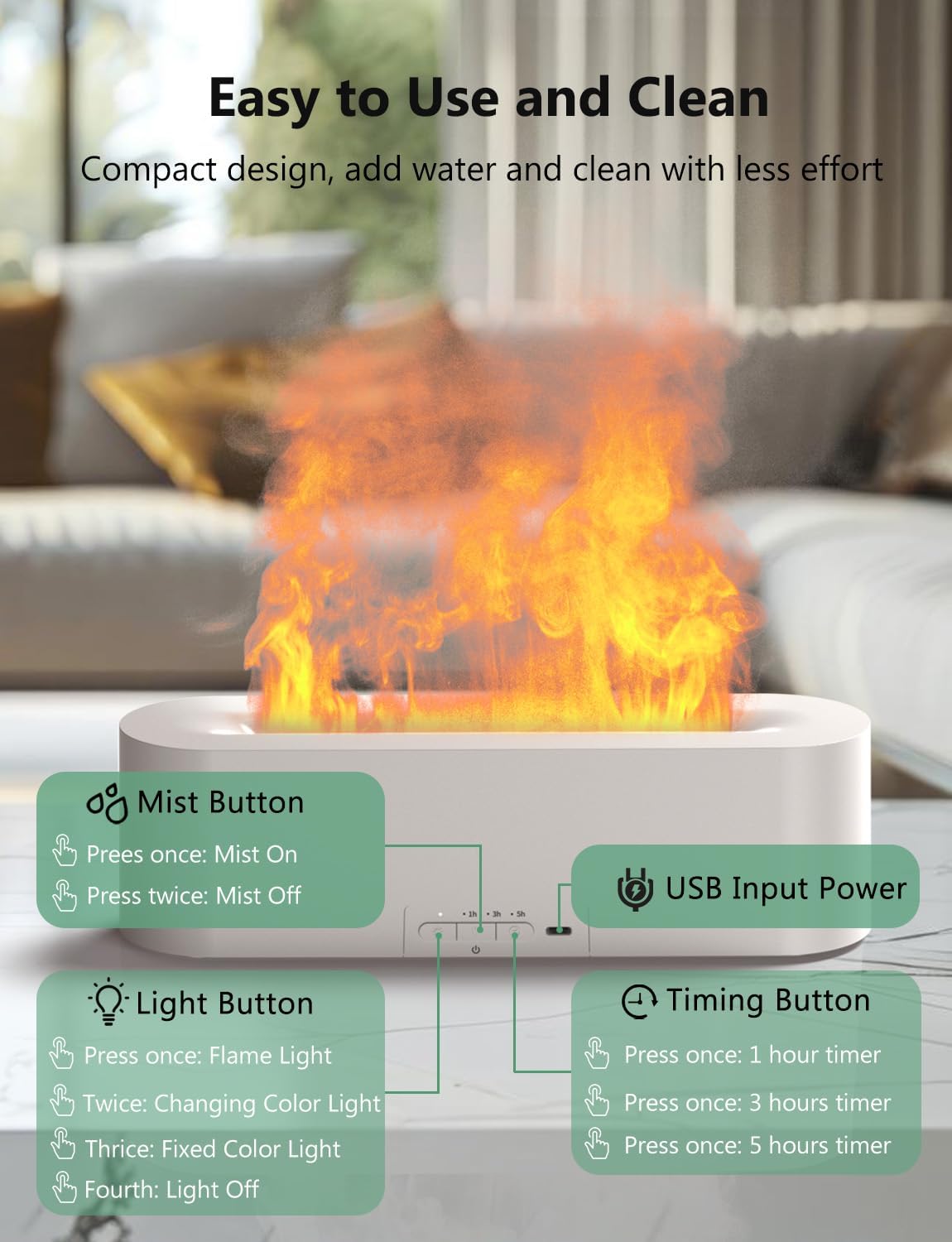 USB Aromatherapy Flame Humidifier - 7 Color LED, Quiet Essential Oil Diffuser for Bedroom & Office, Auto-Off, Adjustable Mist, 180mL Capacity FJORD