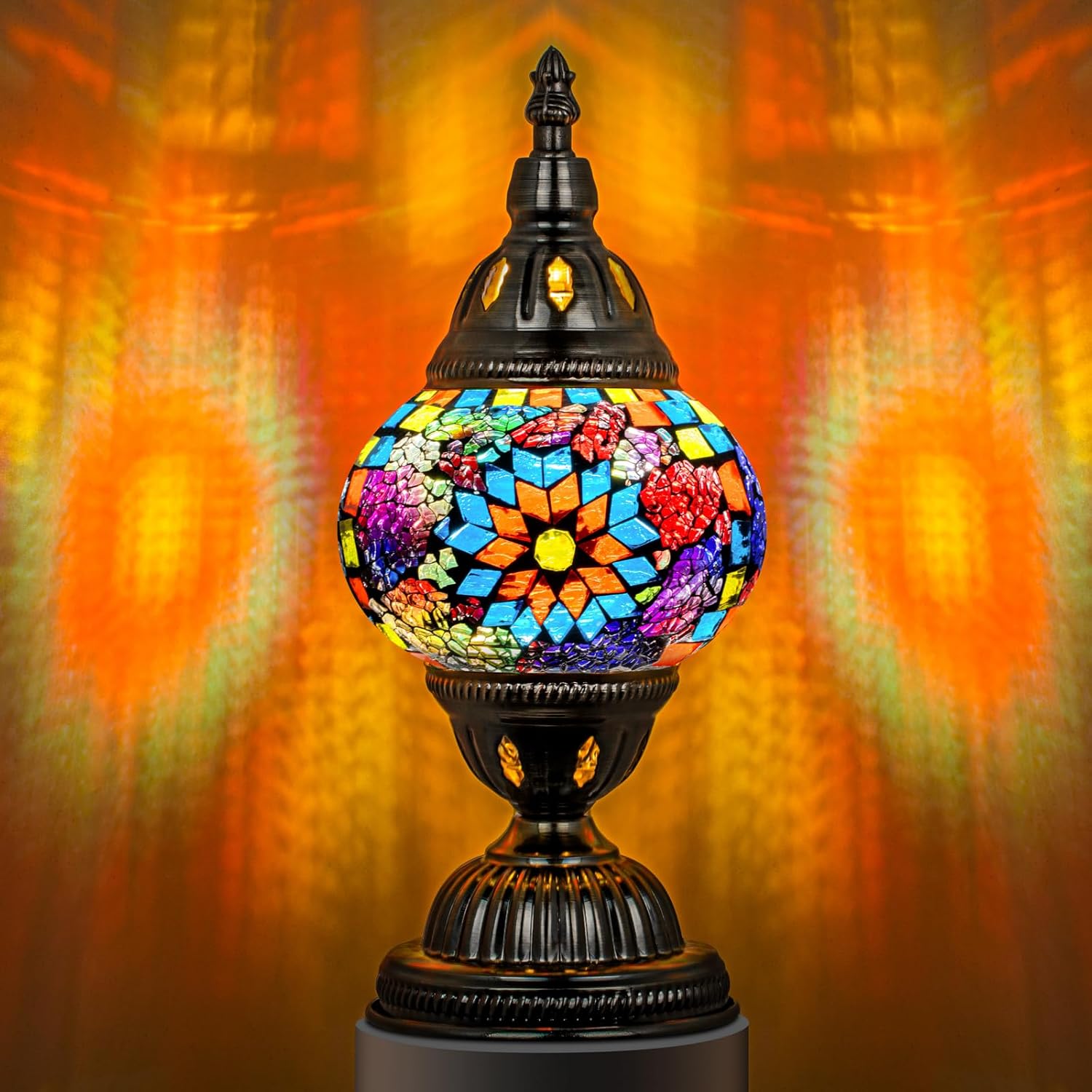 Turkish Mosaic Table Lamp with Adjustable Colors | Handmade Moroccan Glass Bedside Light with Bronze Base | Unique Nightstand Decor with LED Bulb for Bedroom & Living Room FJORD