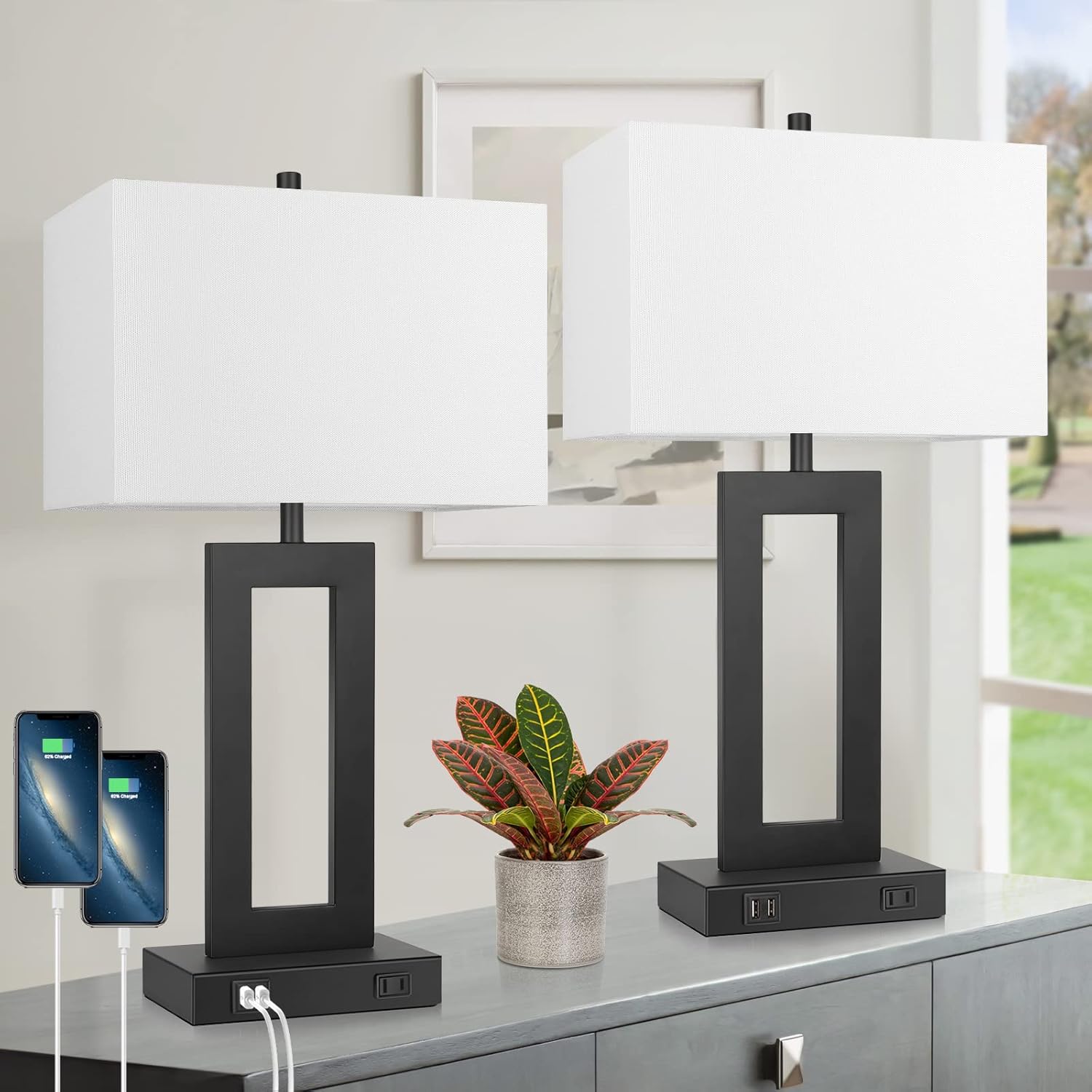 Set of 2 Touch Control Table Lamps with USB Ports – 3-Way Dimmable Bedside Lamps, Modern Nightstand Lamps for Bedroom & Living Room, Cream Fabric Shades, LED Bulbs Included FJORD