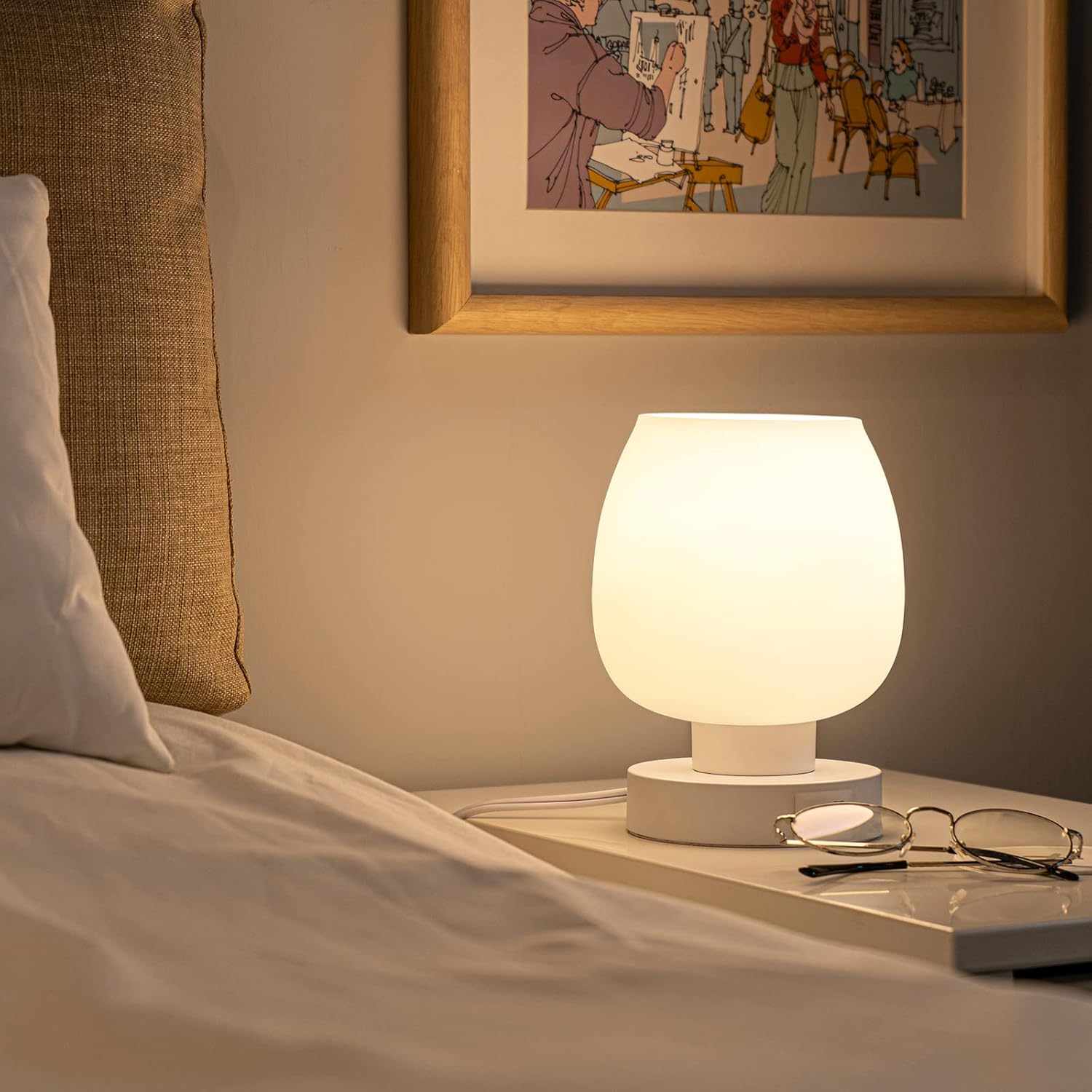 Touch Bedside Table Lamps Set of 2 - Modern Nightstand Lamps with USB C & A Ports, 3-Way Dimmable, White Opal Glass Shades, 3000K LED Bulbs - Elegant Bedroom Lighting FJORD