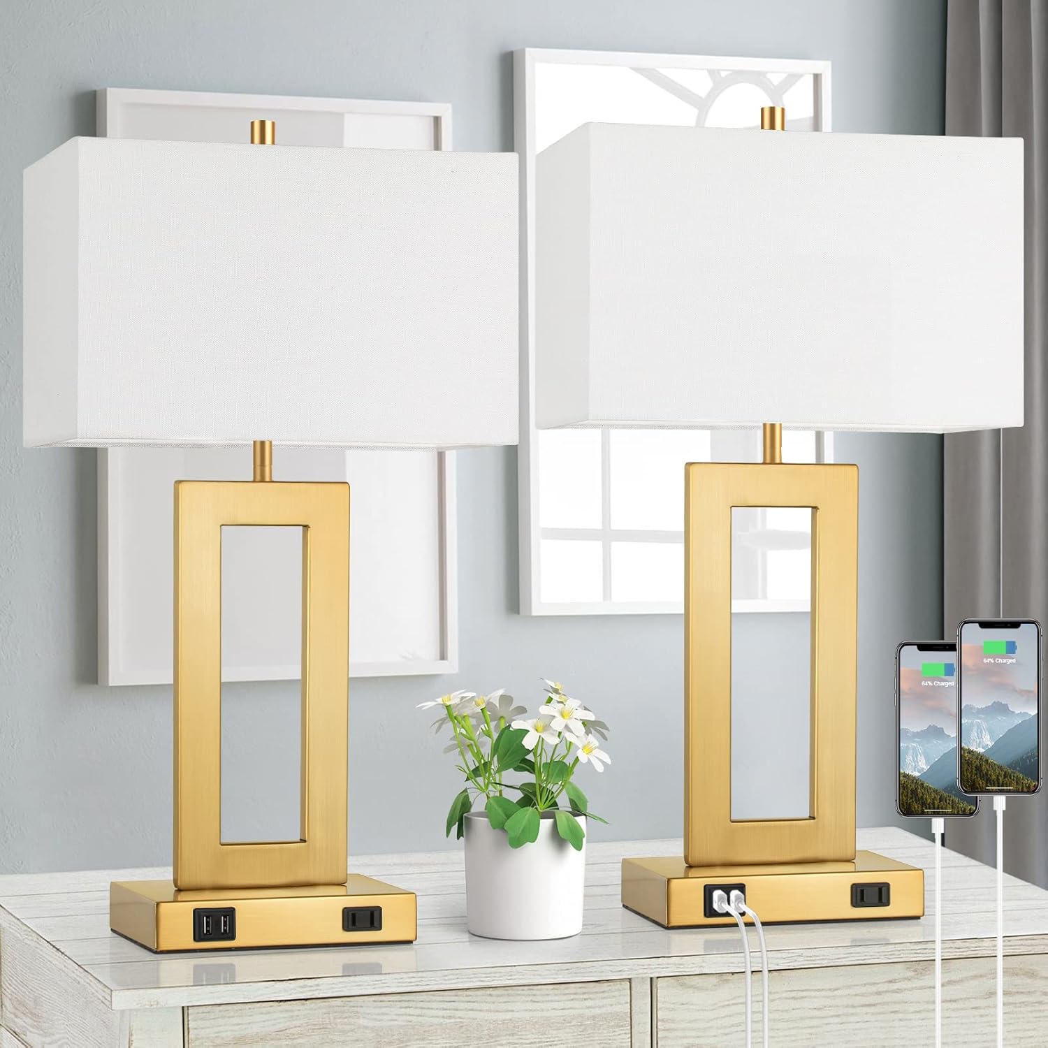 Set of 2 Touch Control Table Lamps with USB Ports – 3-Way Dimmable Bedside Lamps, Modern Nightstand Lamps for Bedroom & Living Room, Cream Fabric Shades, LED Bulbs Included FJORD