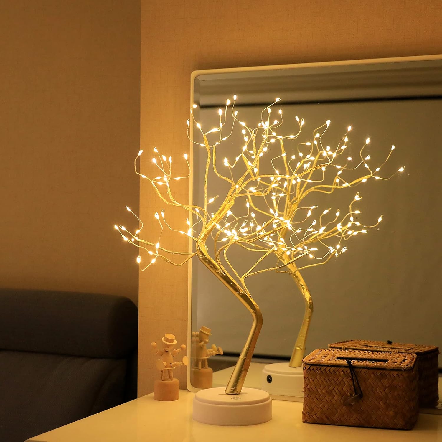 Golden Leaf LED Bonsai Tree Light - Warm White, Battery/USB Powered, DIY Adjustable Branches for Room & Holiday Decor, Christmas, New Year, Bedroom & Gift FJORD