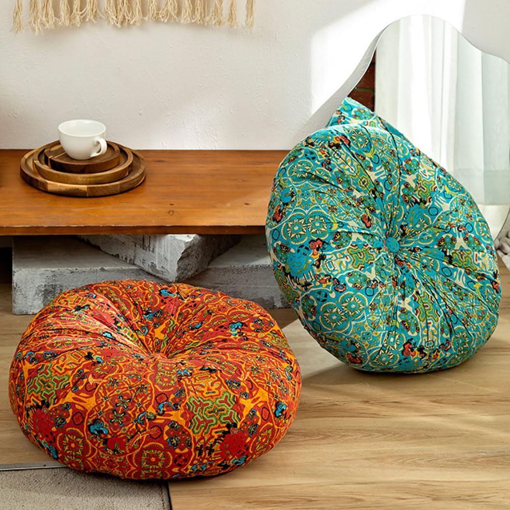 Boho Square Floor Cushion with Pompoms – Thick Polyester Seat Pad, Versatile Chair Cushion for Yoga, Meditation, Living Room, & Garden Seating