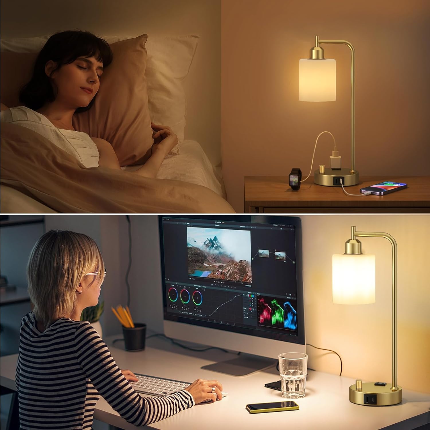 Set of 2 Industrial Table Lamps - Fully Dimmable with USB A & C Ports, AC Outlet, Glass Shade, LED Bulbs Included - Modern Nightstand Desk Lamps for Bedroom, Living Room & Office FJORD