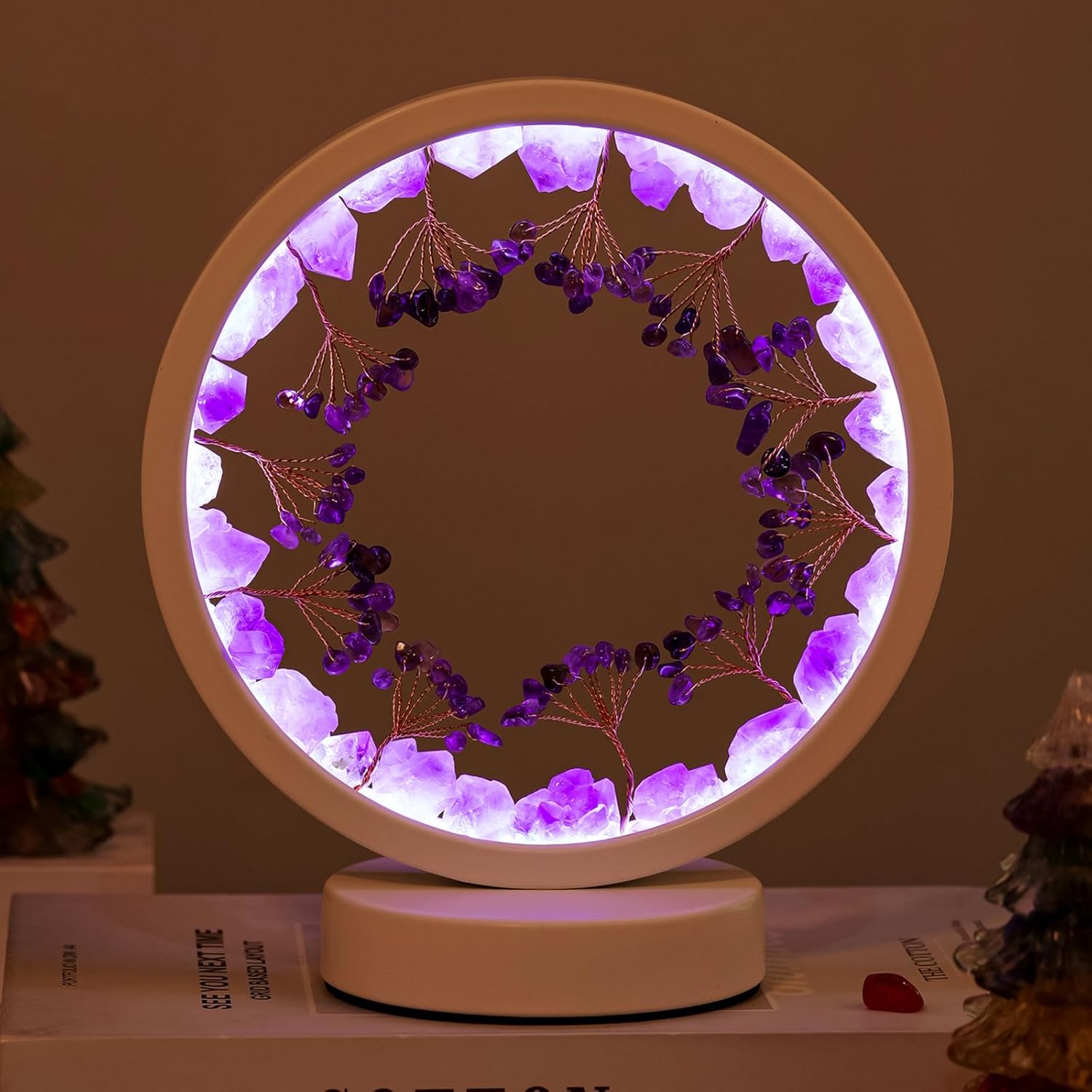 Amethyst Crystal Table Lamp - Natural Healing Night Light with USB Port & 3 Color Modes - Perfect for Bedroom, Office & Home Decor - Relaxation Gift