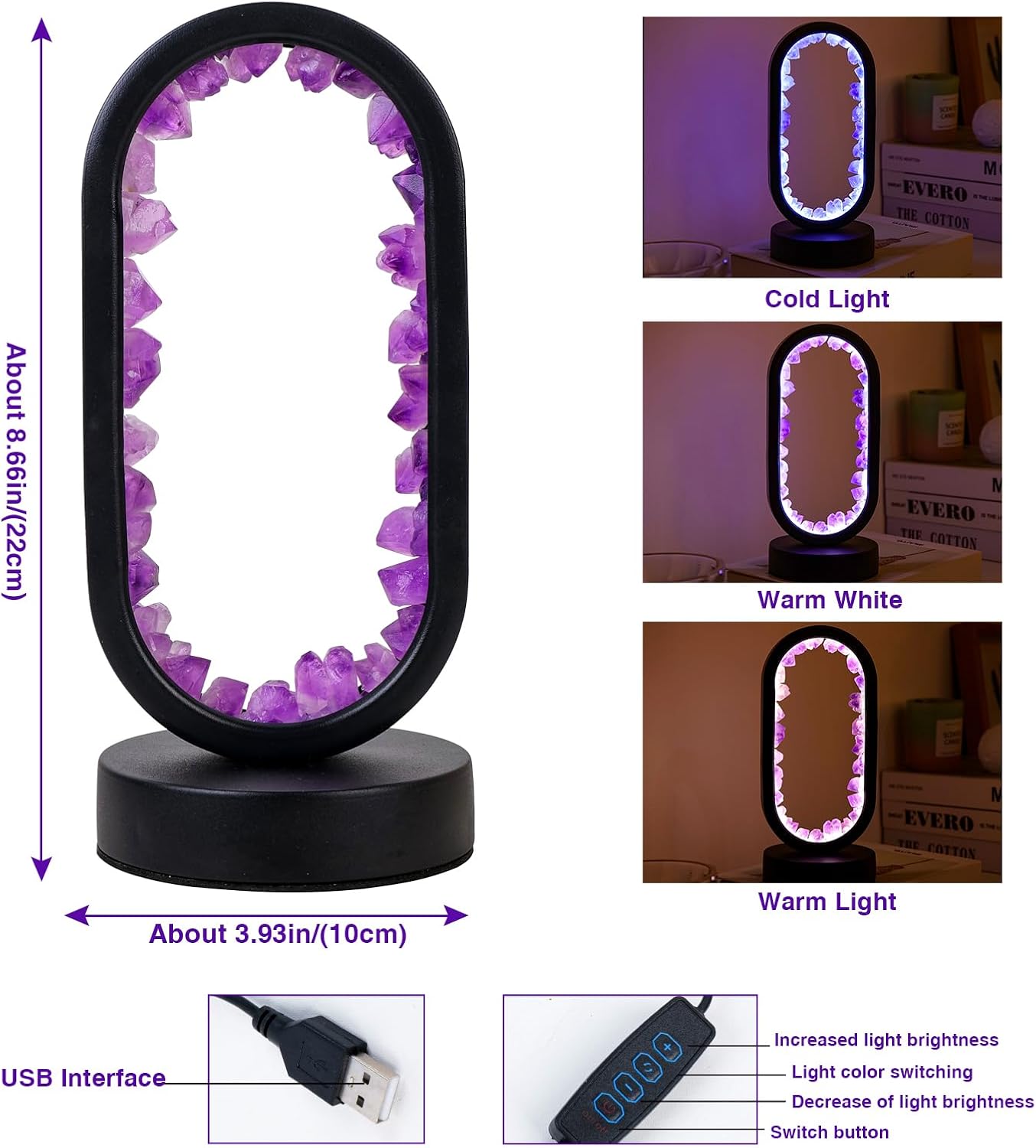 Amethyst Crystal Table Lamp - Natural Healing Night Light with USB Port & 3 Color Modes - Perfect for Bedroom, Office & Home Decor - Relaxation Gift